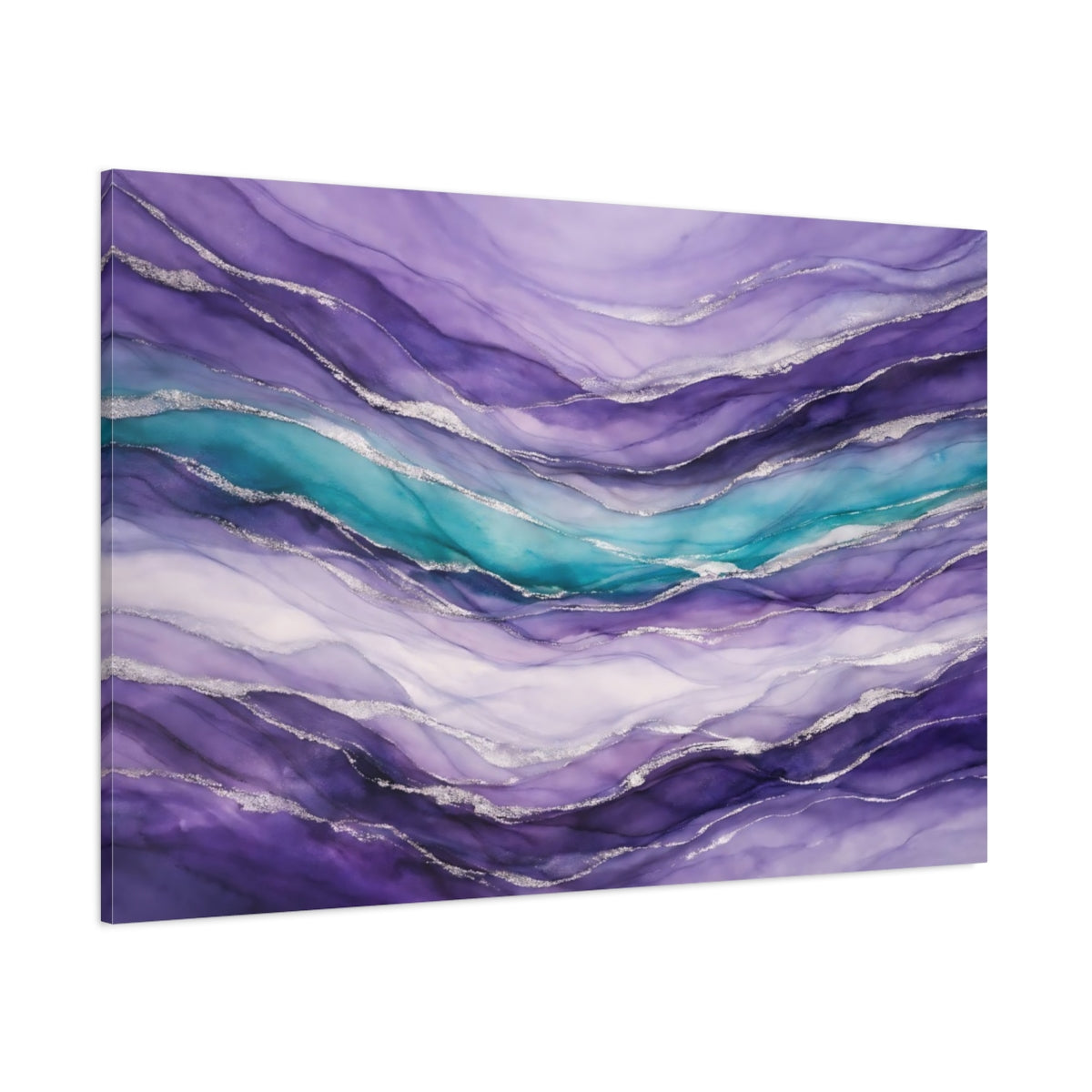 Main Mockup. Abstract Fluid Abstract Purple Teal Silver shown as stretched canvas wall art