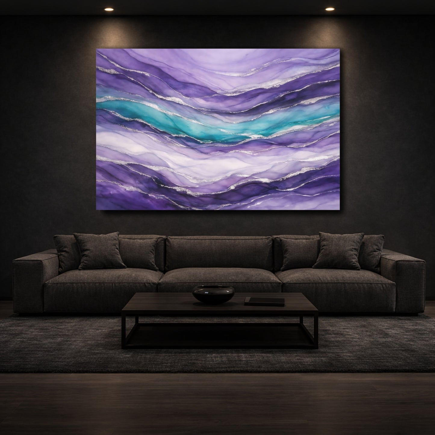 Mockup 2. Abstract Fluid Abstract Purple Teal Silver shown as stretched canvas wall art