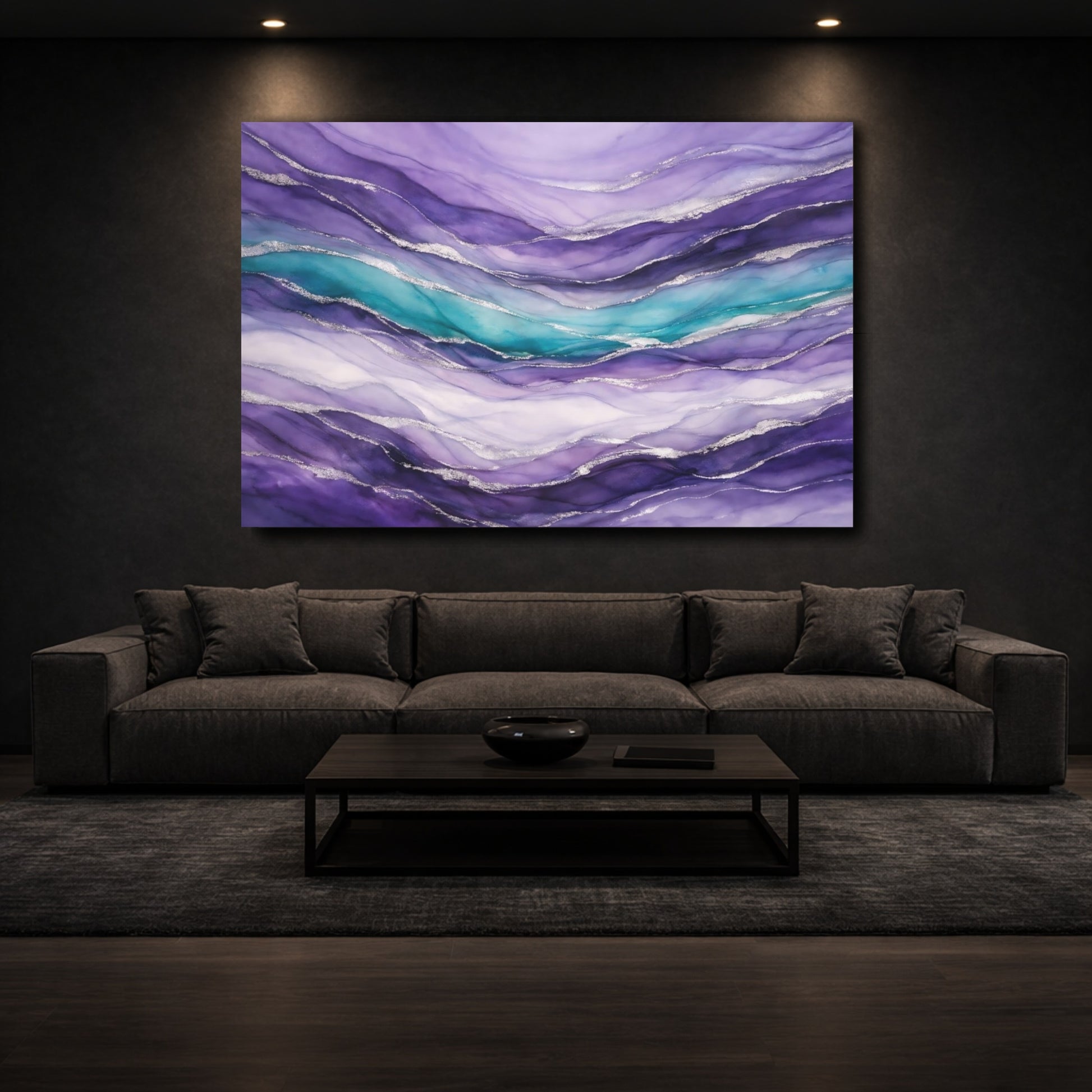 Mockup 2. Abstract Fluid Abstract Purple Teal Silver shown as stretched canvas wall art