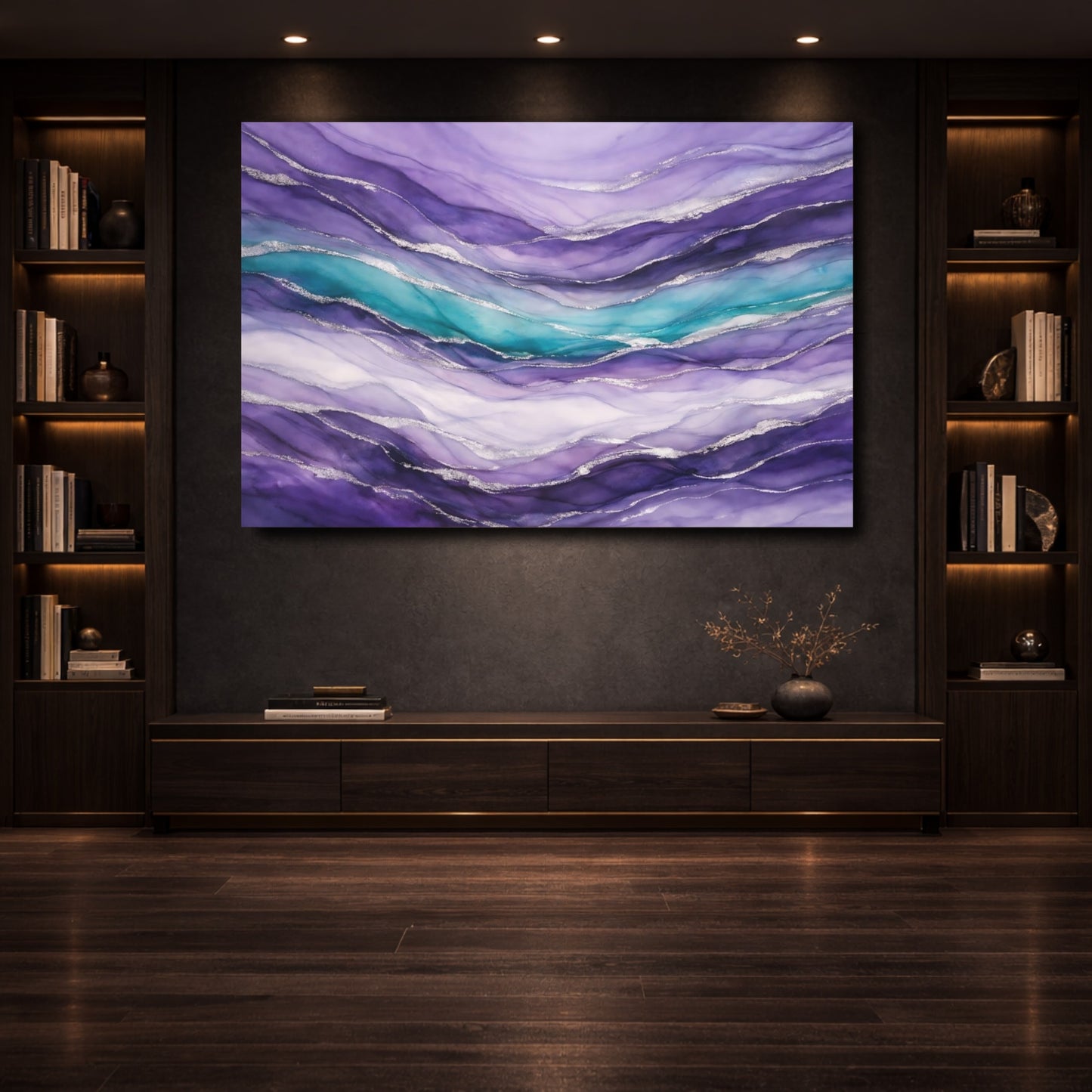 Mockup 3. Abstract Fluid Abstract Purple Teal Silver shown as stretched canvas wall art
