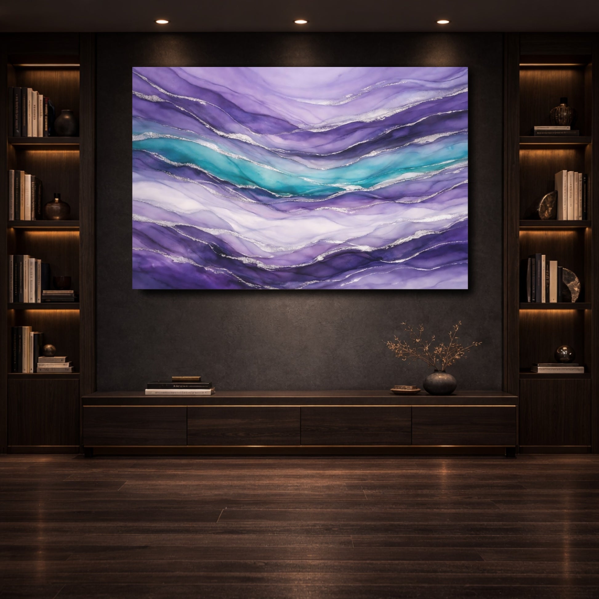 Mockup 3. Abstract Fluid Abstract Purple Teal Silver shown as stretched canvas wall art