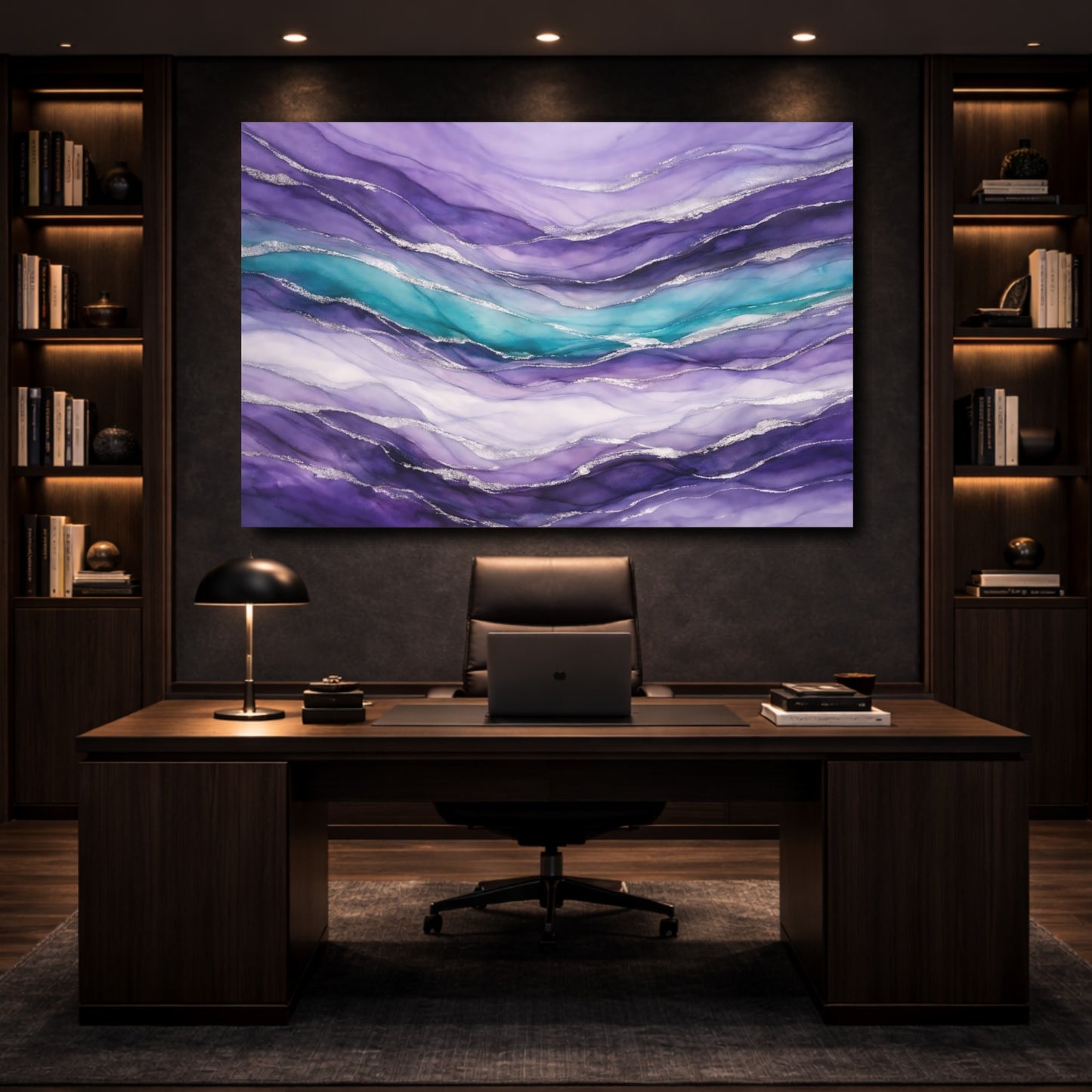 Mockup 4. Abstract Fluid Abstract Purple Teal Silver shown as stretched canvas wall art