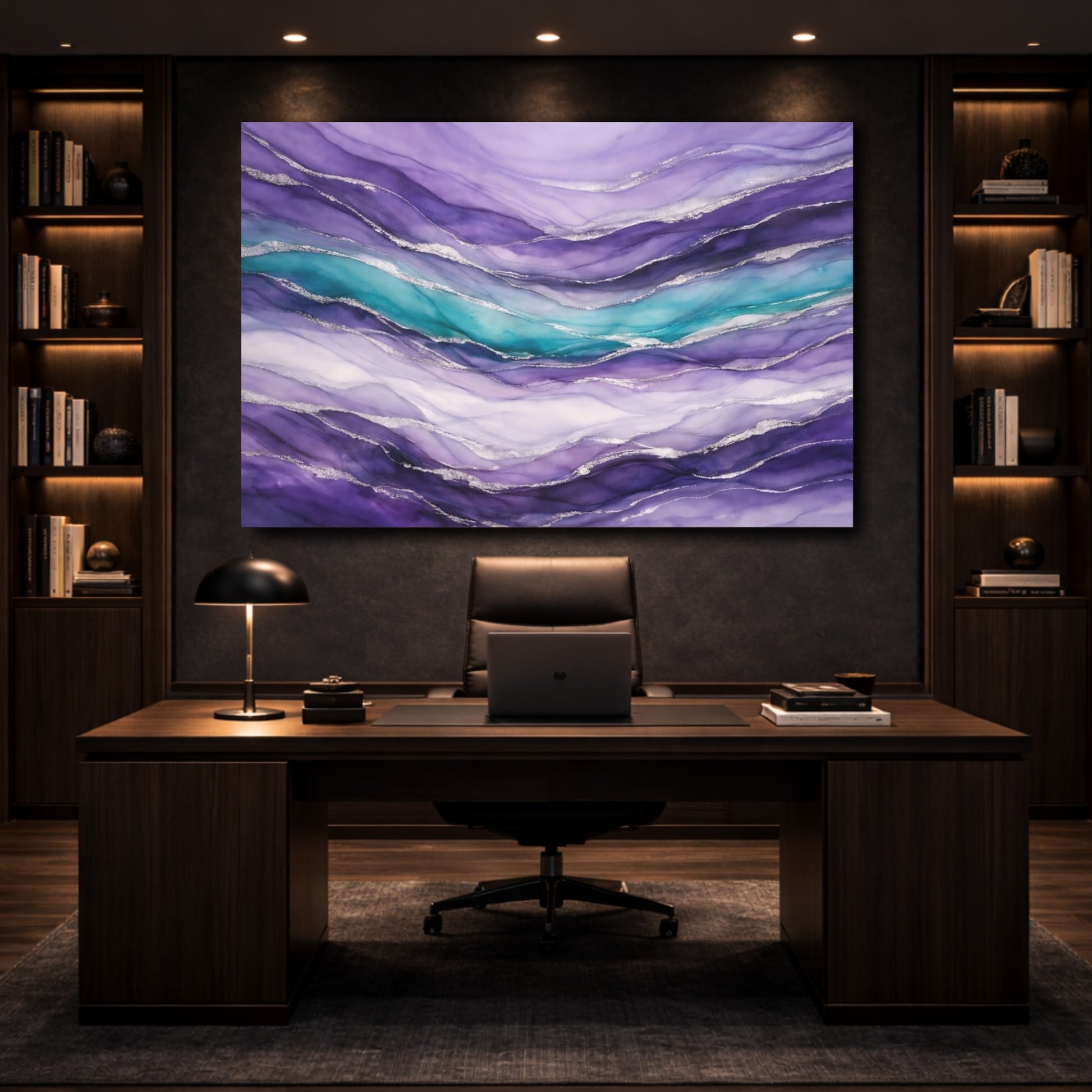 Mockup 4. Abstract Fluid Abstract Purple Teal Silver shown as stretched canvas wall art