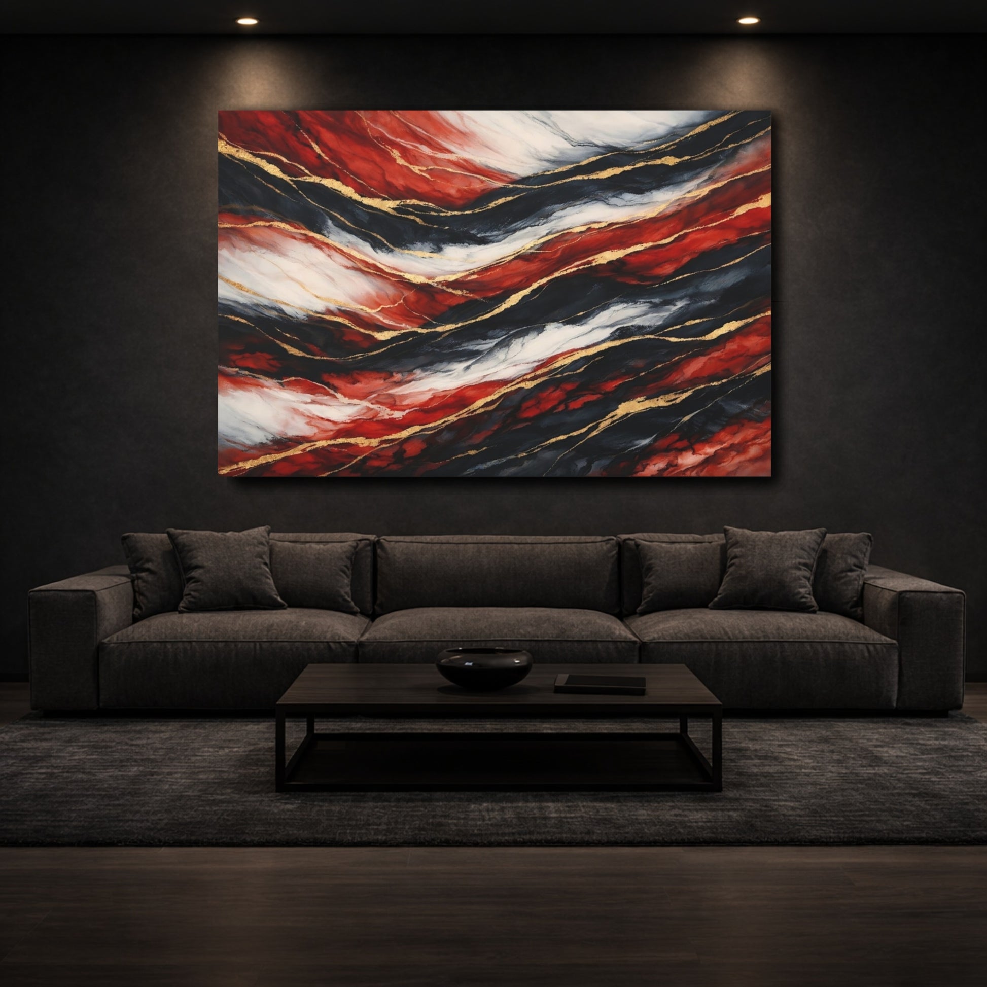 Mockup 2. Abstract Fluid Abstract Red Black Gold shown as stretched canvas wall art