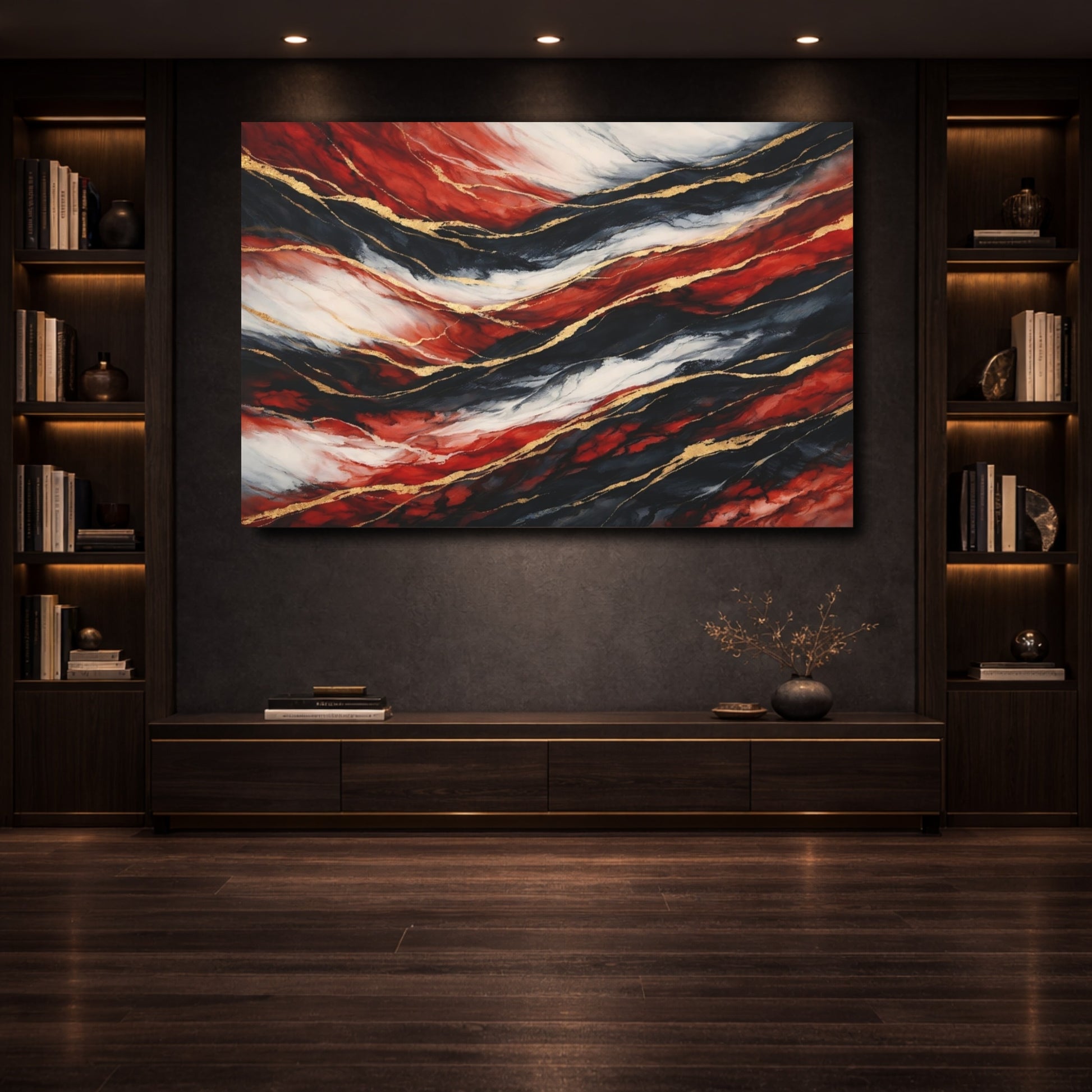 Mockup 3. Abstract Fluid Abstract Red Black Gold shown as stretched canvas wall art