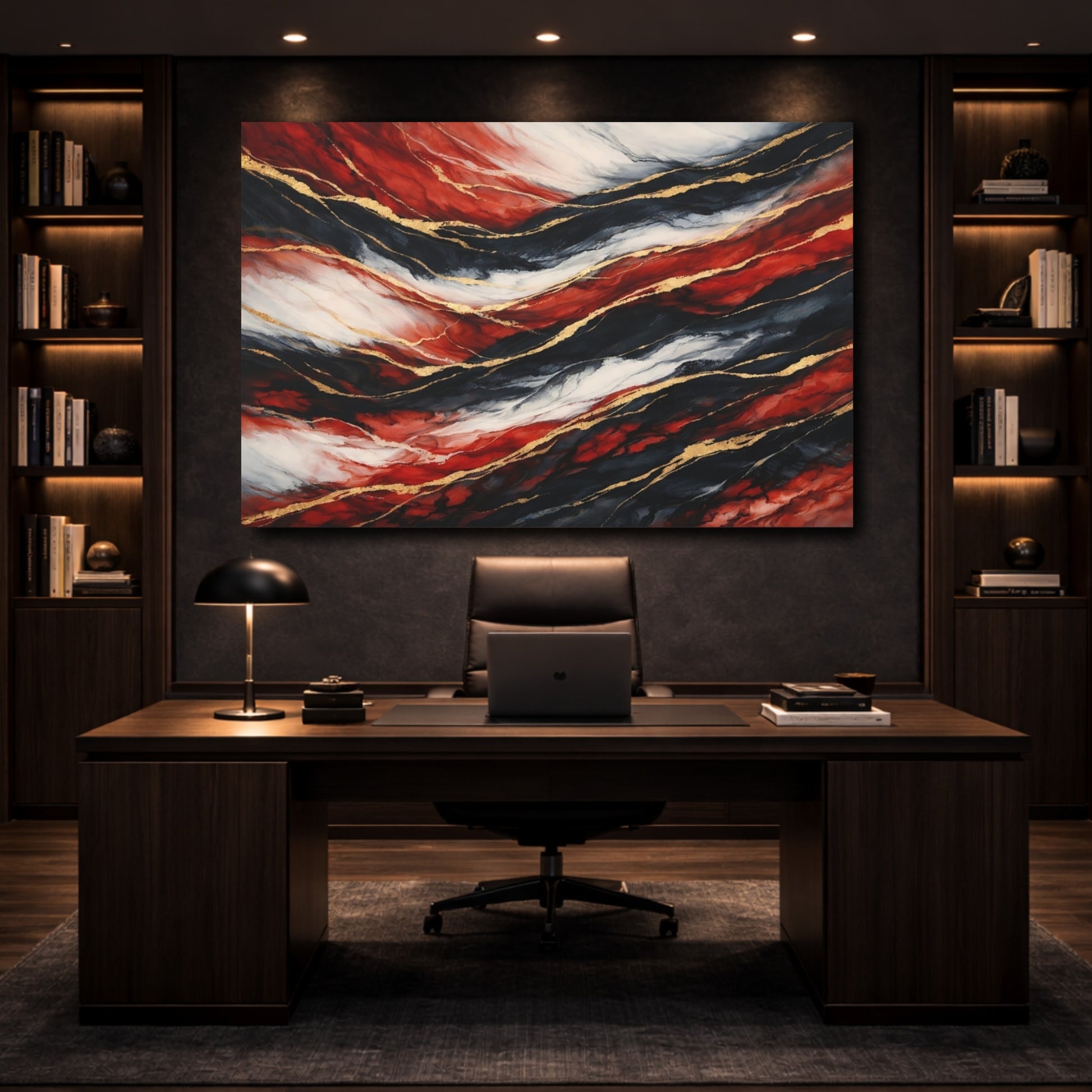 Mockup 4. Abstract Fluid Abstract Red Black Gold shown as stretched canvas wall art