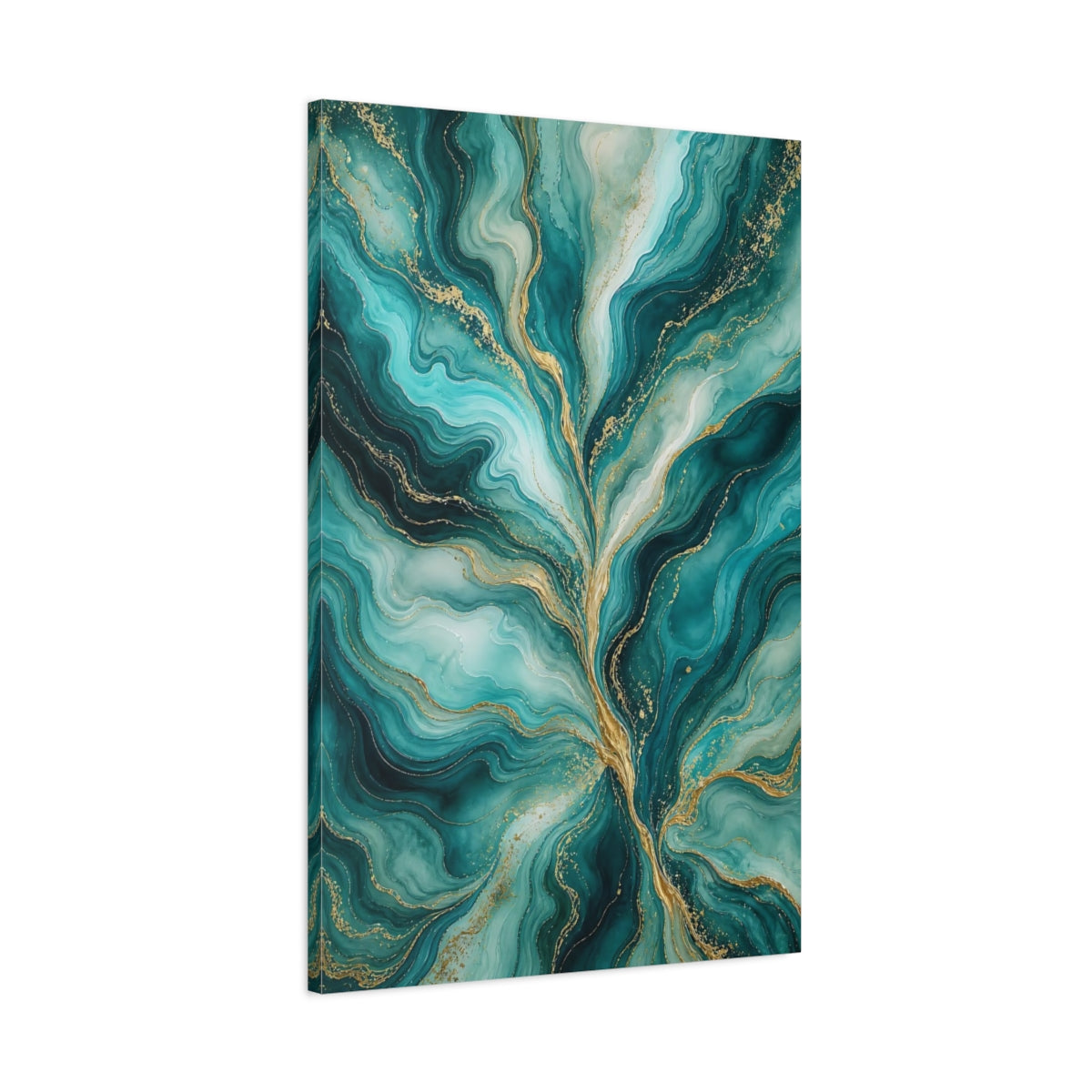 Main Mockup. Abstract Fluid Abstract Teal And Gold shown as stretched canvas wall art