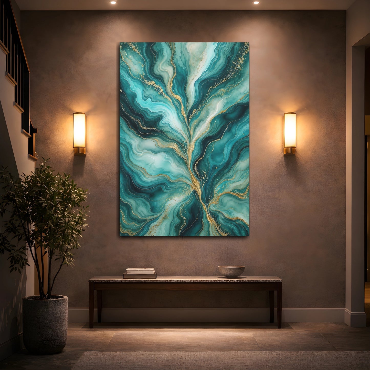 Mockup 2. Abstract Fluid Abstract Teal And Gold shown as stretched canvas wall art