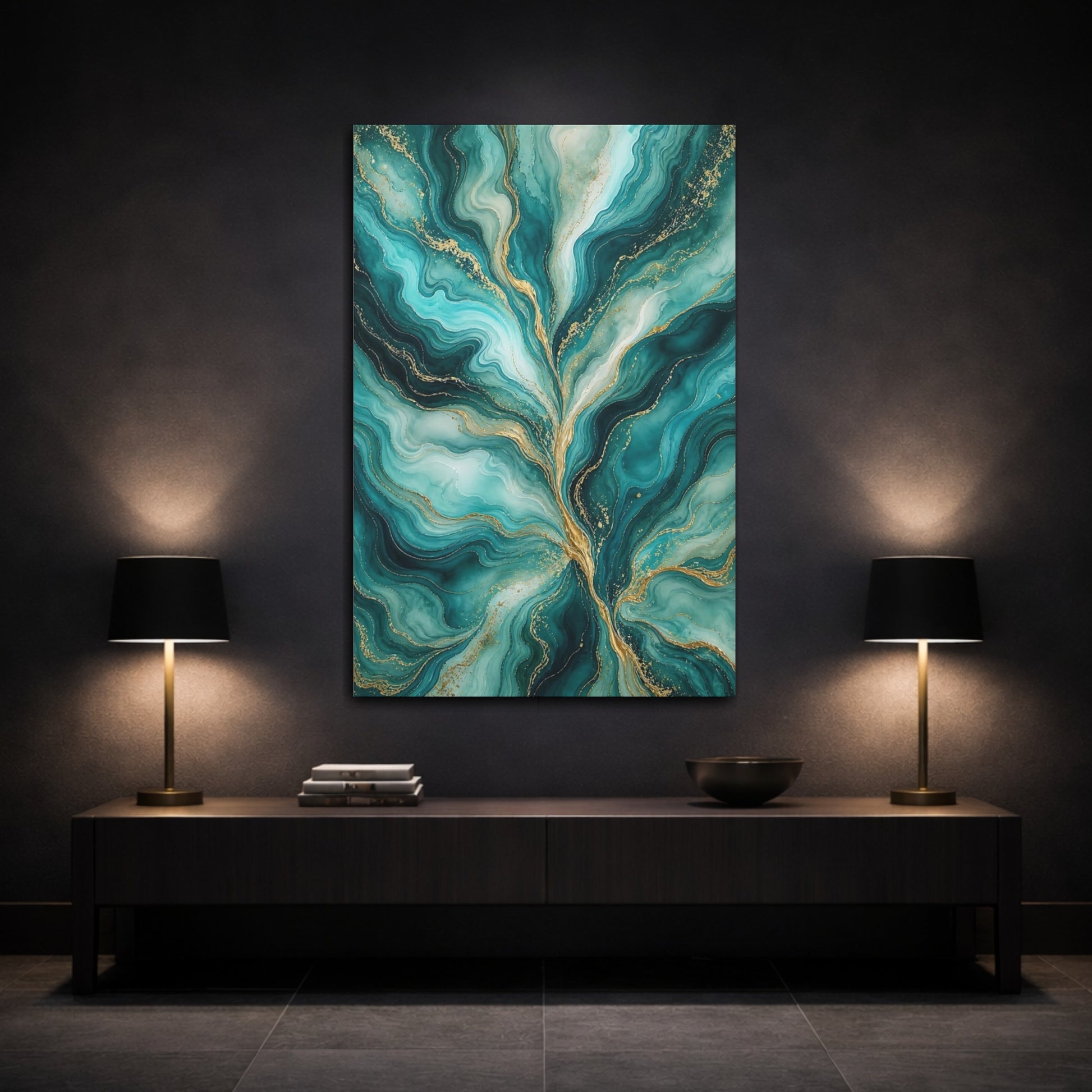 Mockup 3. Abstract Fluid Abstract Teal And Gold shown as stretched canvas wall art