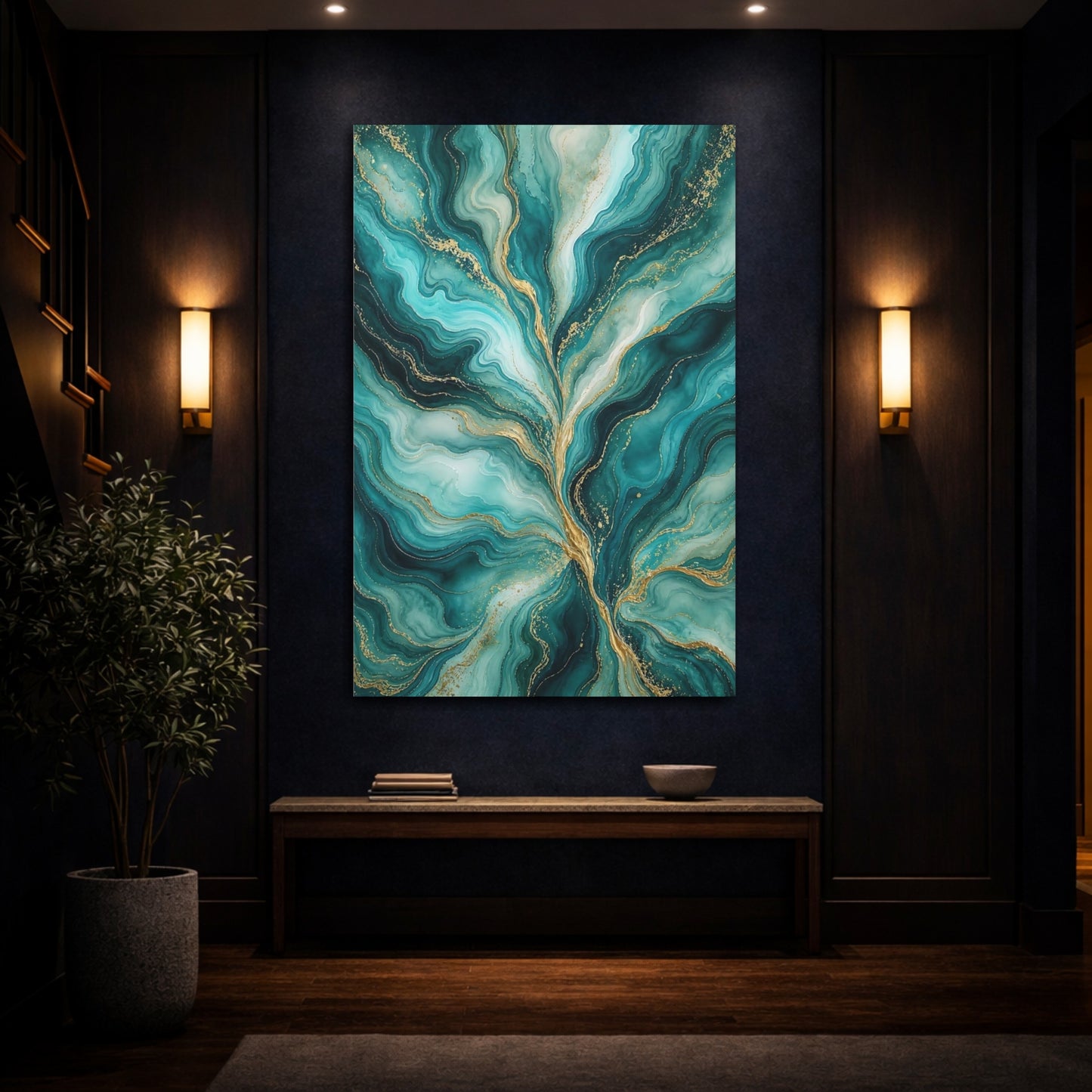 Mockup 4. Abstract Fluid Abstract Teal And Gold shown as stretched canvas wall art