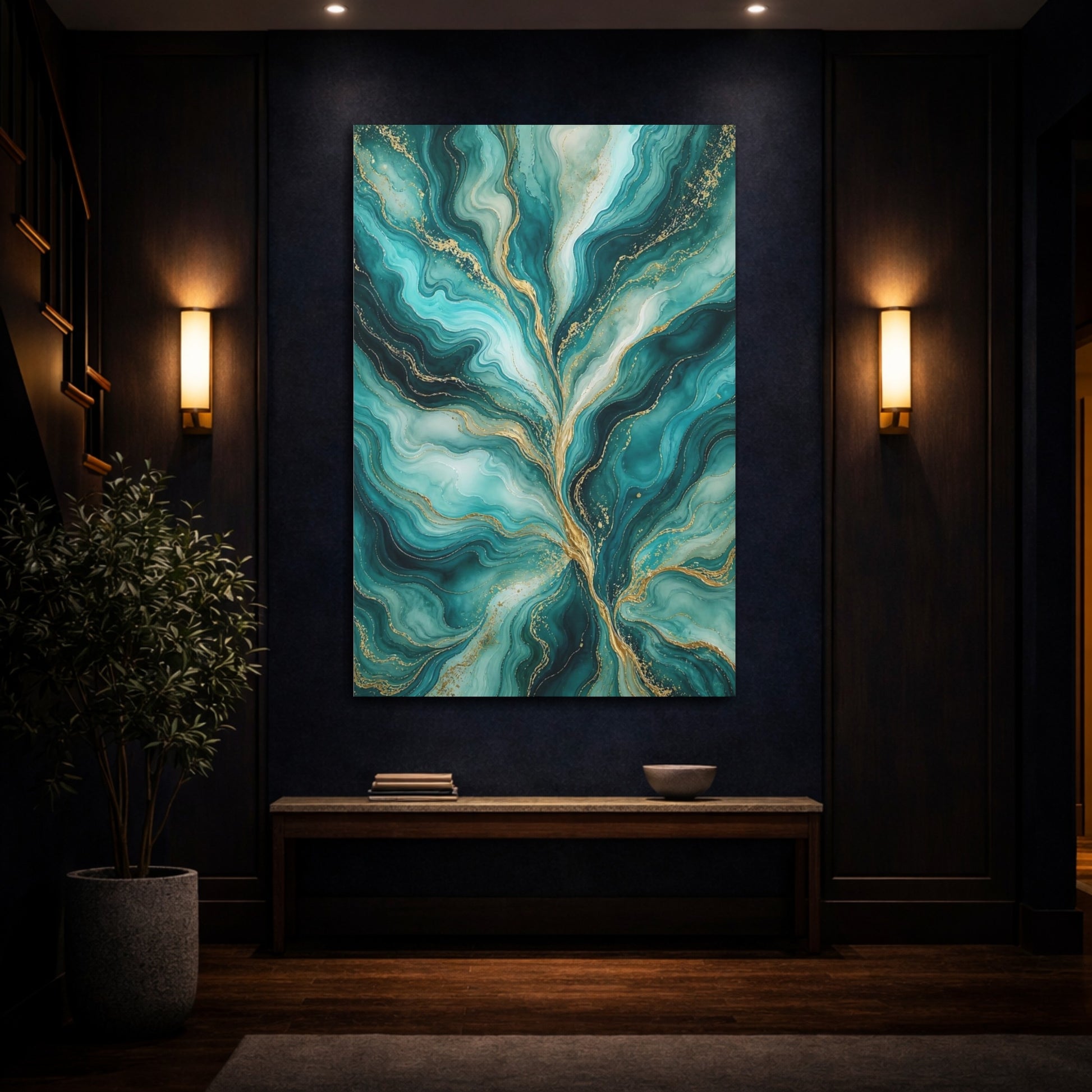 Mockup 4. Abstract Fluid Abstract Teal And Gold shown as stretched canvas wall art