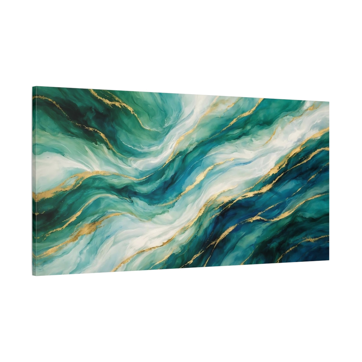 Main Mockup. Abstract Fluid Abstract Teal Gold Abstract shown as stretched canvas wall art