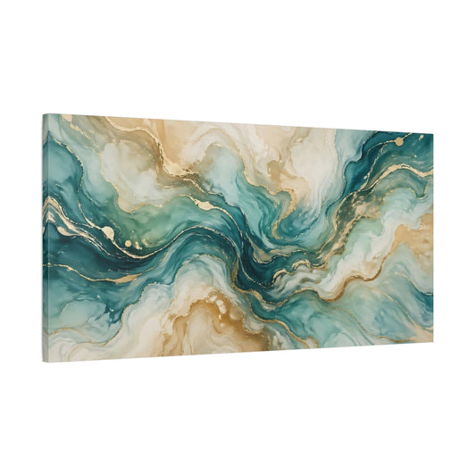 Main Mockup. Abstract Fluid Abstract Teal Gold Abstract shown as stretched canvas wall art