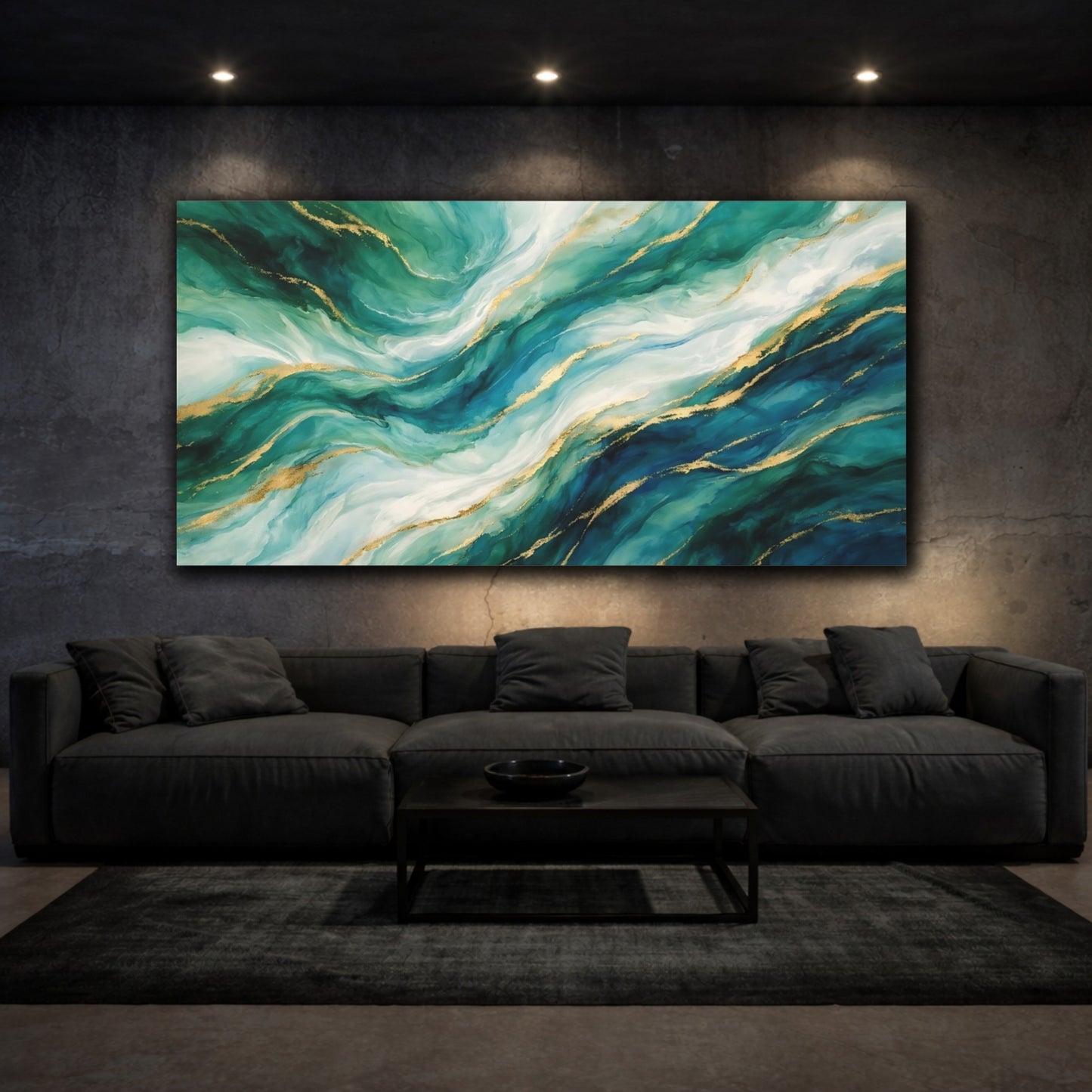 Mockup 2. Abstract Fluid Abstract Teal Gold Abstract shown as stretched canvas wall art