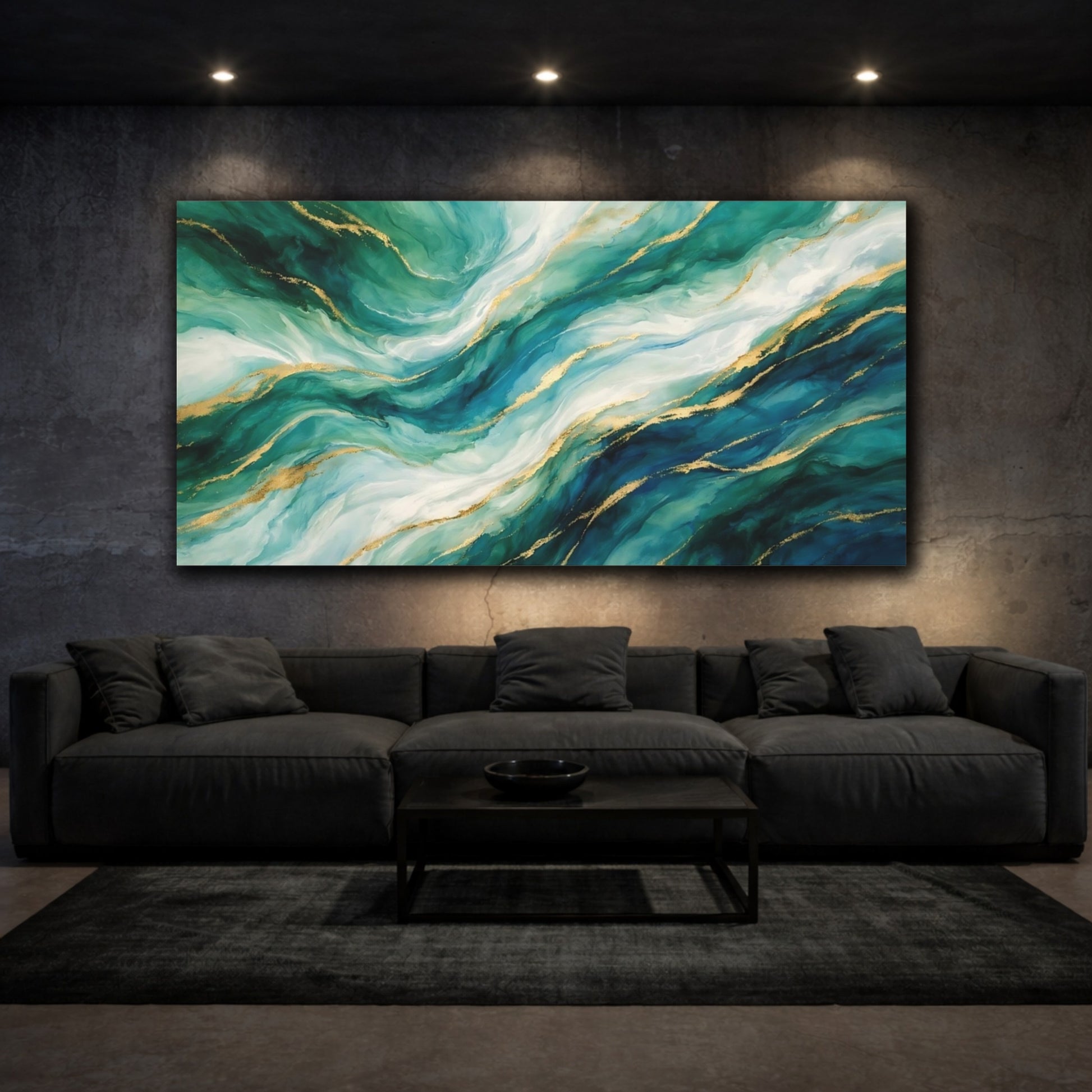 Mockup 2. Abstract Fluid Abstract Teal Gold Abstract shown as stretched canvas wall art