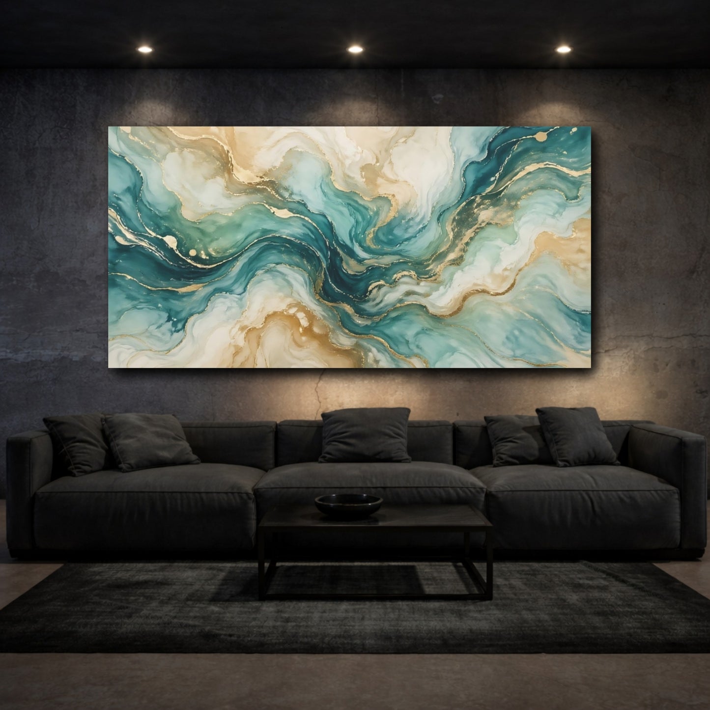 Mockup 2. Abstract Fluid Abstract Teal Gold Abstract shown as stretched canvas wall art