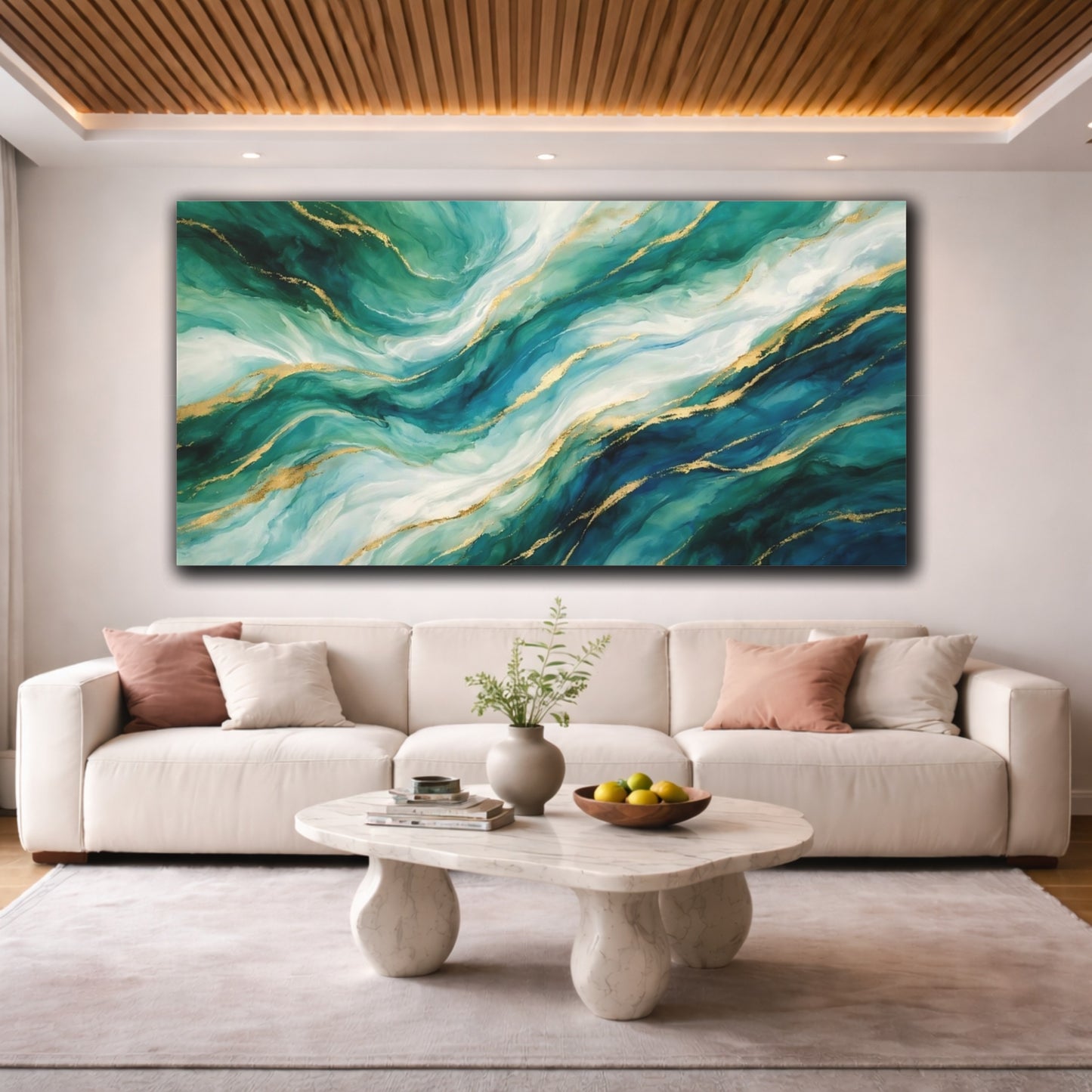 Mockup 3. Abstract Fluid Abstract Teal Gold Abstract shown as stretched canvas wall art