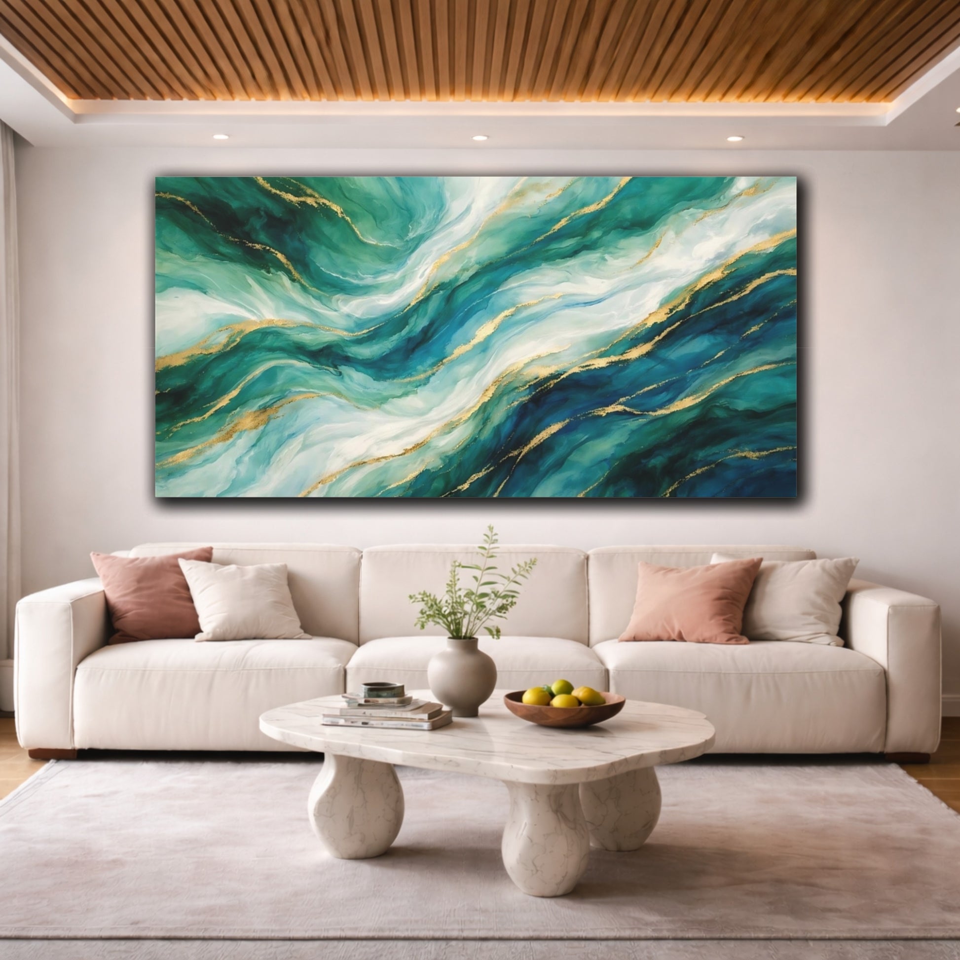 Mockup 3. Abstract Fluid Abstract Teal Gold Abstract shown as stretched canvas wall art