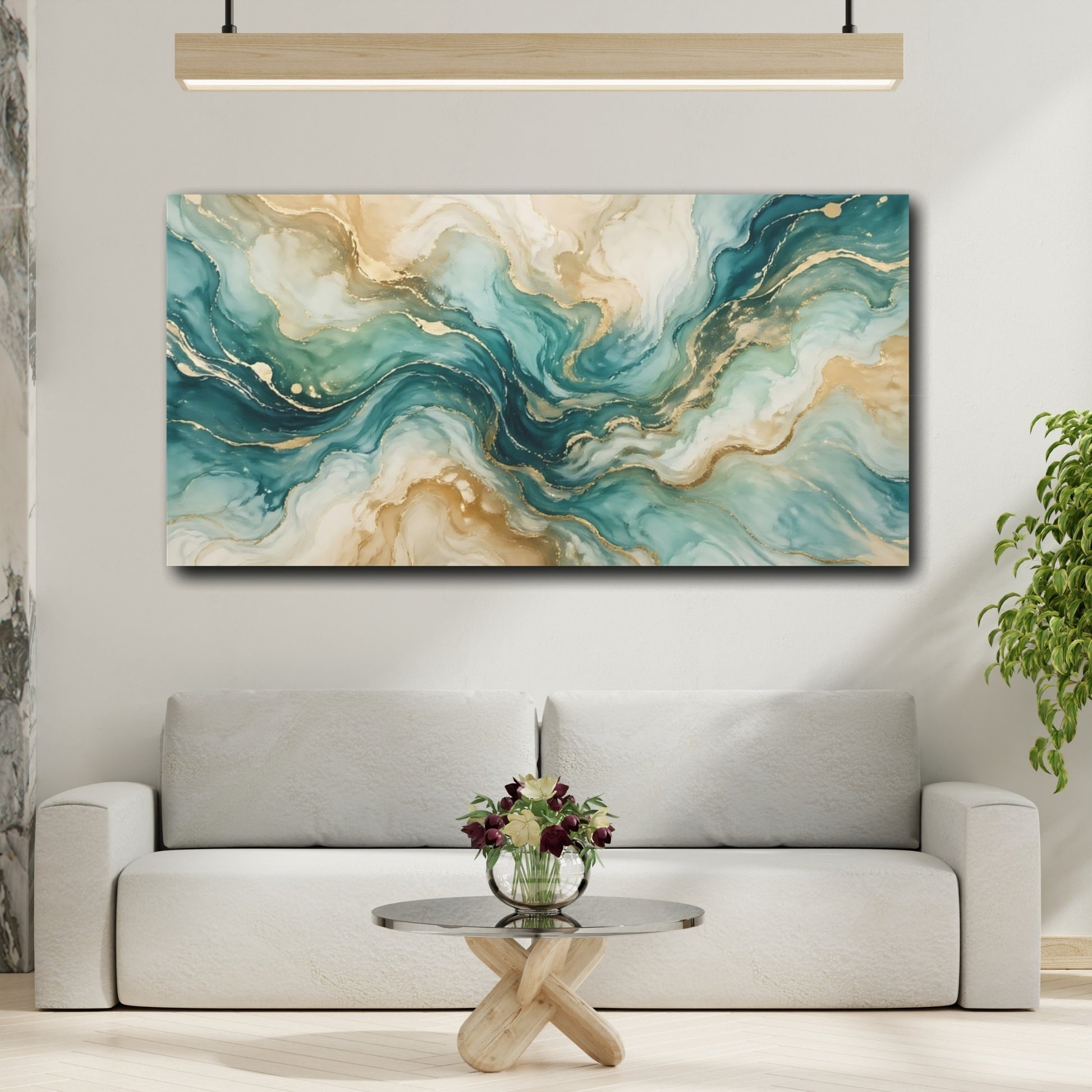 Mockup 3. Abstract Fluid Abstract Teal Gold Abstract shown as stretched canvas wall art