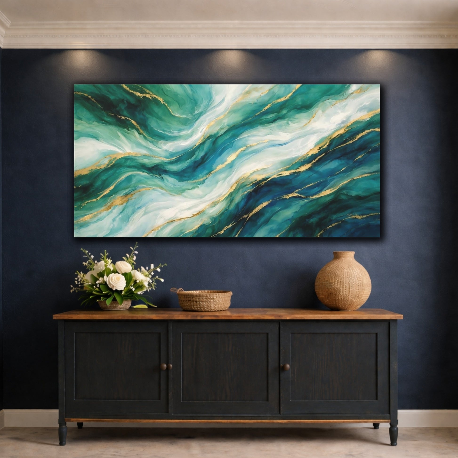Mockup 4. Abstract Fluid Abstract Teal Gold Abstract shown as stretched canvas wall art