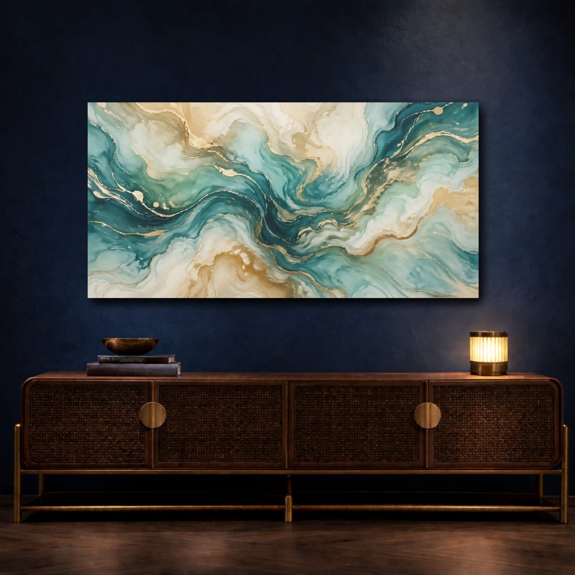 Mockup 4. Abstract Fluid Abstract Teal Gold Abstract shown as stretched canvas wall art