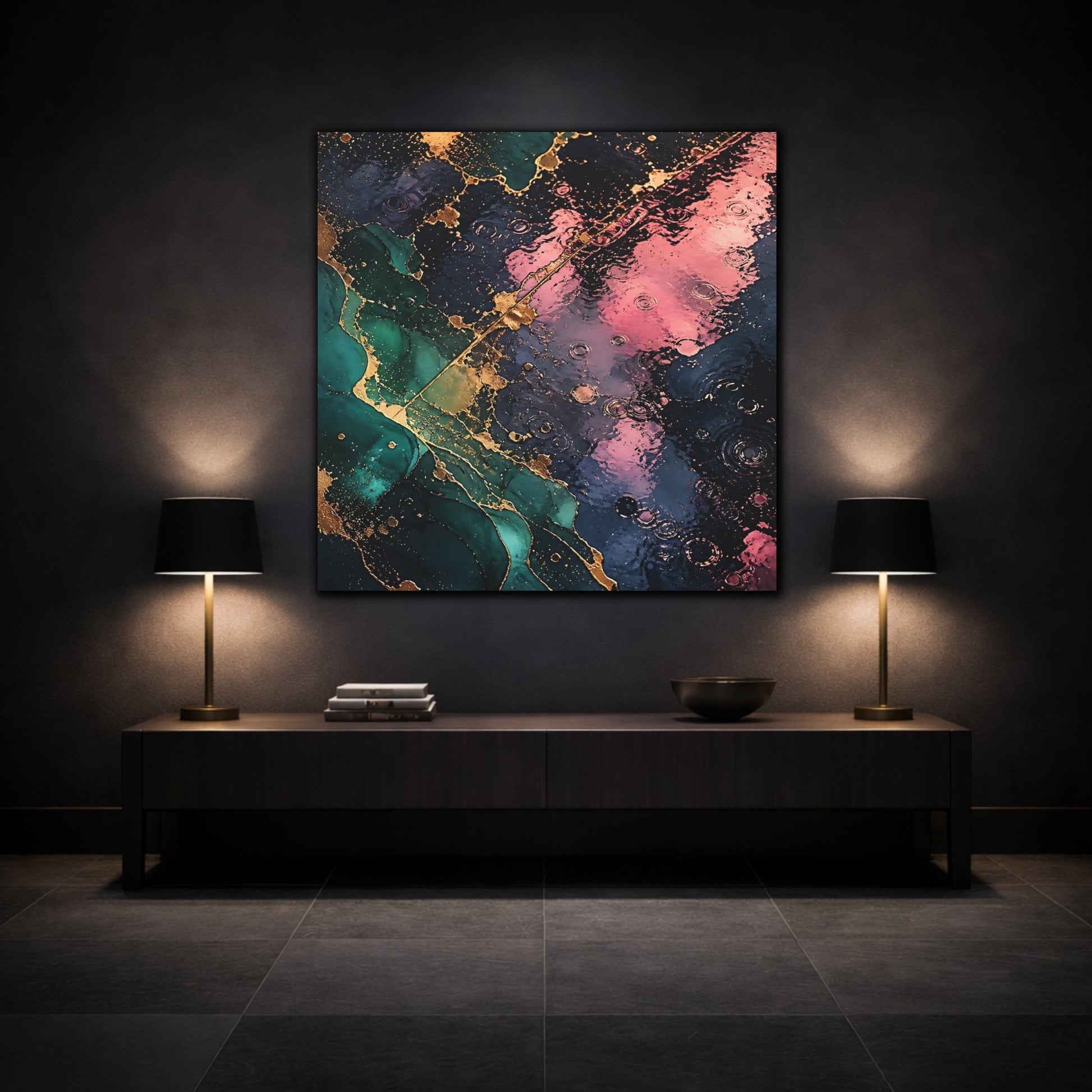 Mockup 3. Abstract Fluid Abstract Teal Pink Gold shown as canvas print