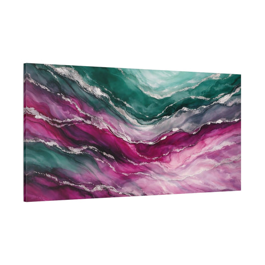 Main Mockup. Abstract Fluid Abstract Teal Pink Silver shown as stretched canvas wall art