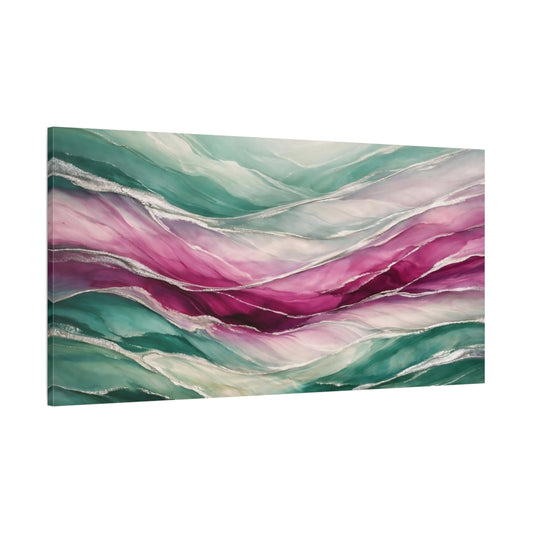 Main Mockup. Abstract Fluid Abstract Teal Pink Silver shown as stretched canvas wall art