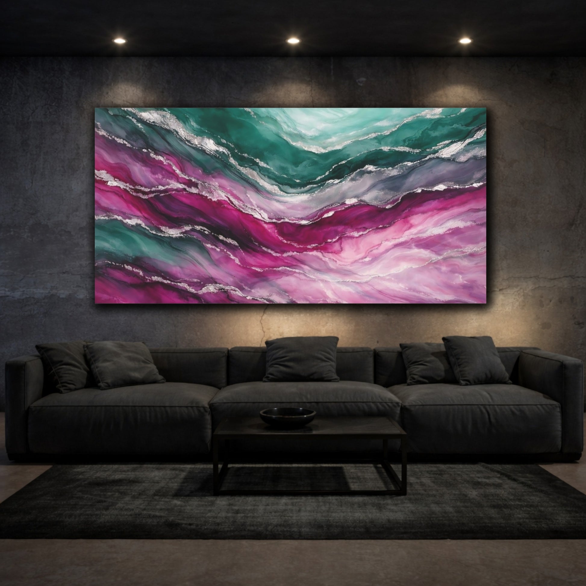 Mockup 2. Abstract Fluid Abstract Teal Pink Silver shown as stretched canvas wall art