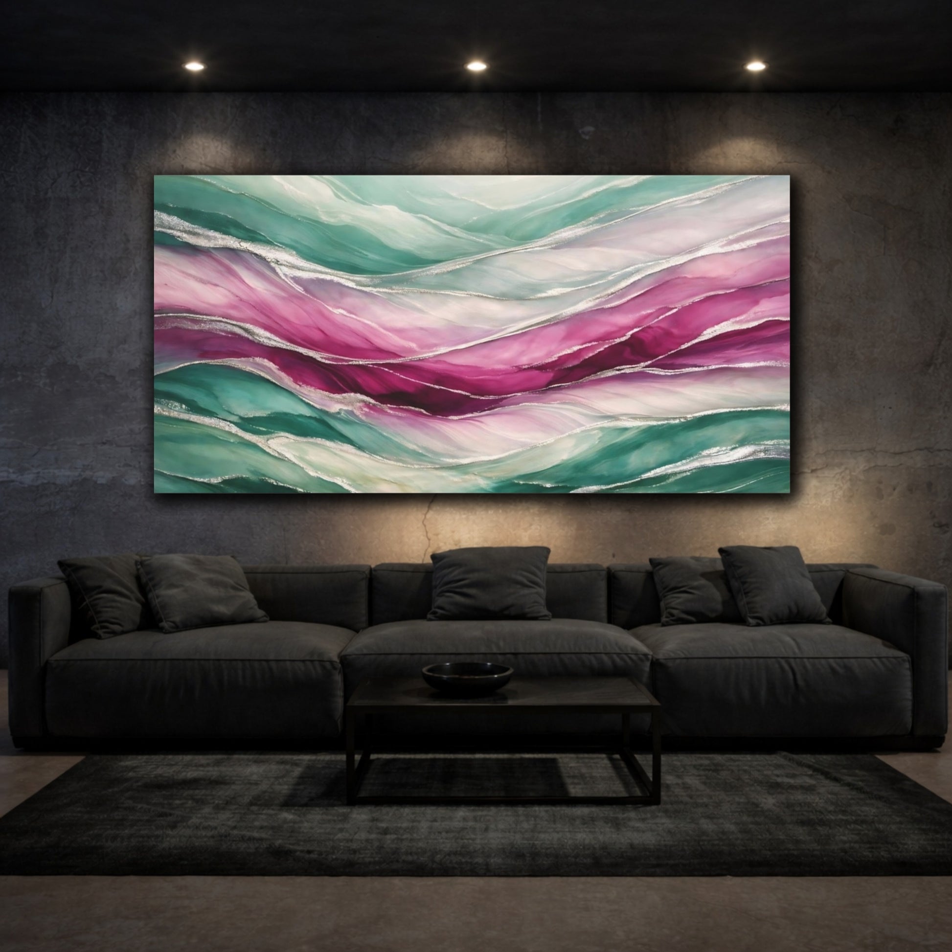 Mockup 2. Abstract Fluid Abstract Teal Pink Silver shown as stretched canvas wall art