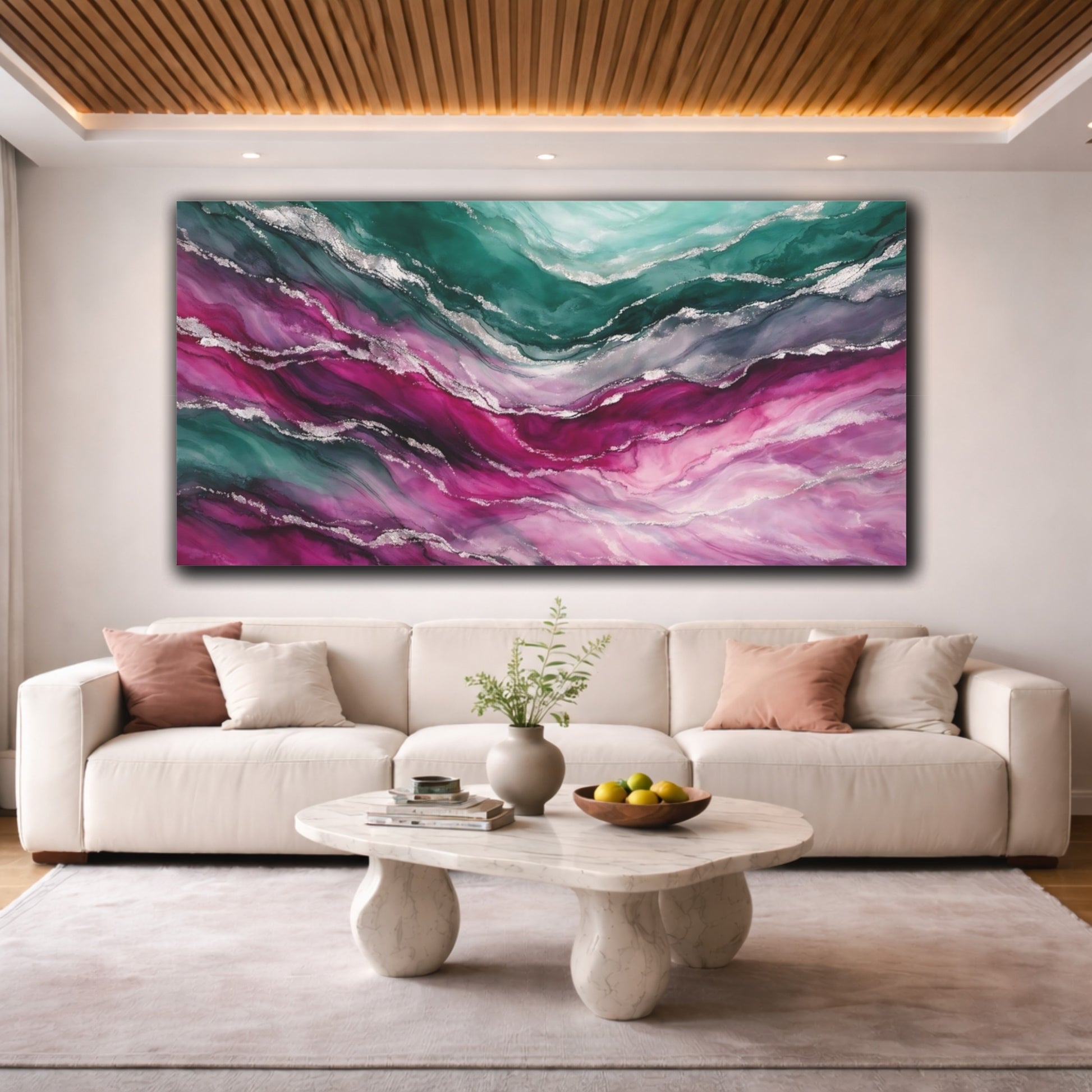 Mockup 3. Abstract Fluid Abstract Teal Pink Silver shown as stretched canvas wall art