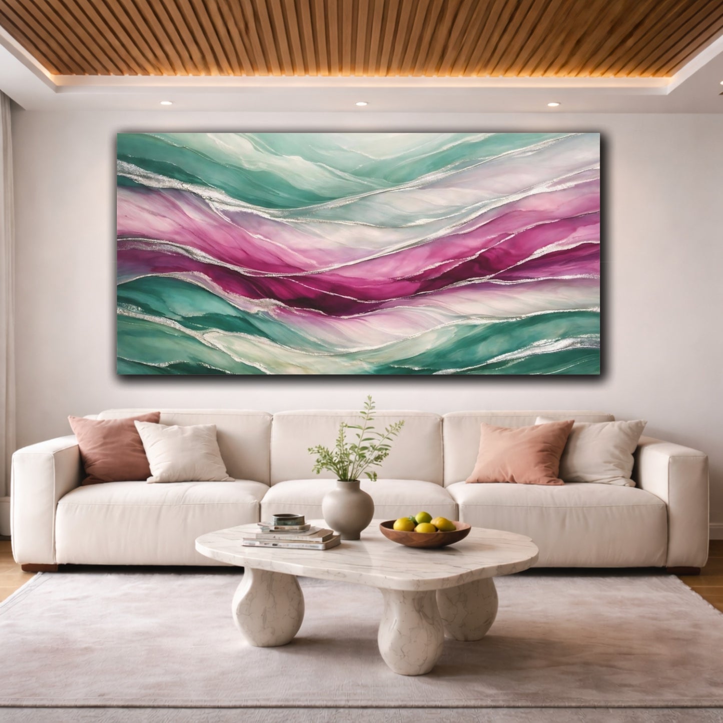 Mockup 3. Abstract Fluid Abstract Teal Pink Silver shown as stretched canvas wall art