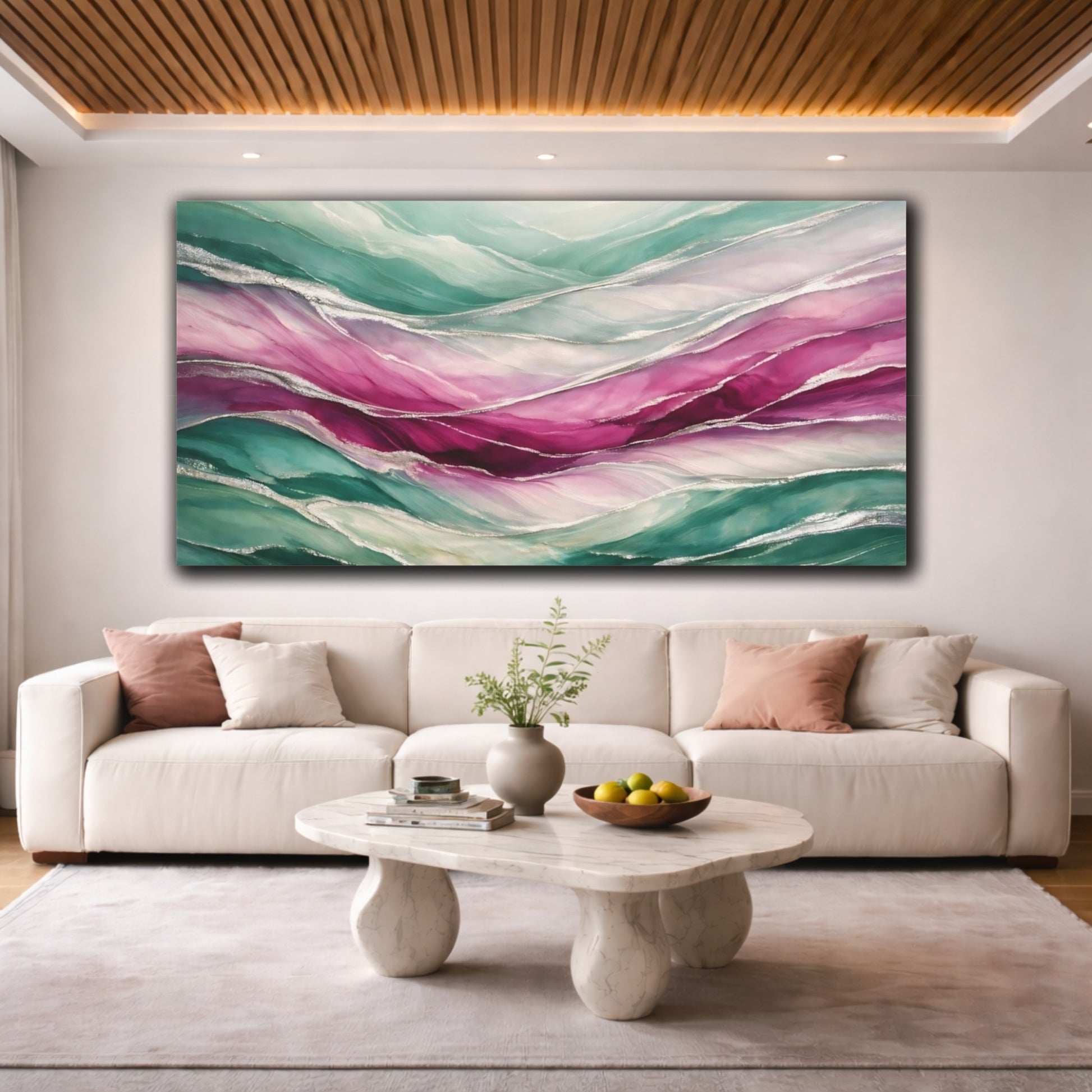 Mockup 3. Abstract Fluid Abstract Teal Pink Silver shown as stretched canvas wall art