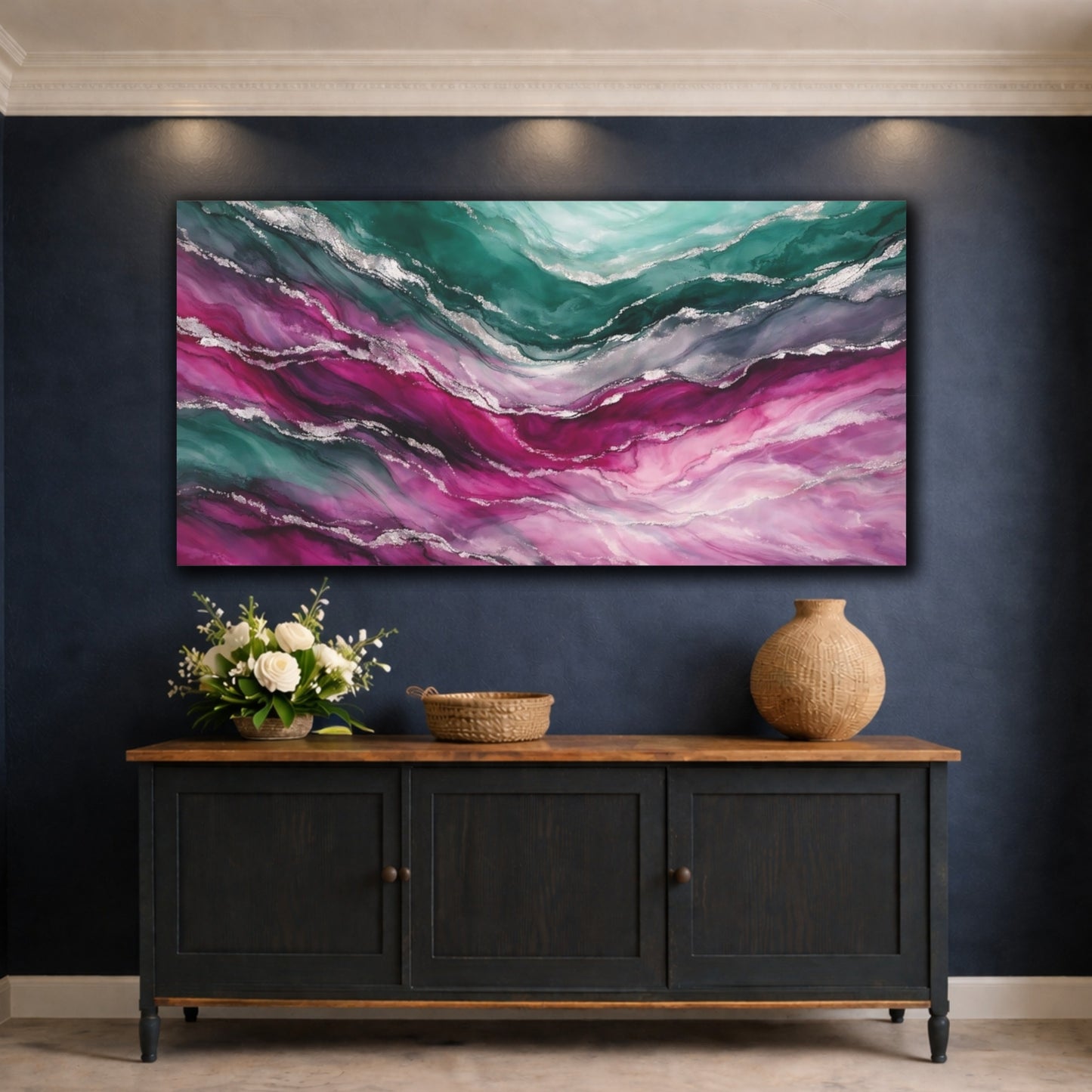 Mockup 4. Abstract Fluid Abstract Teal Pink Silver shown as stretched canvas wall art