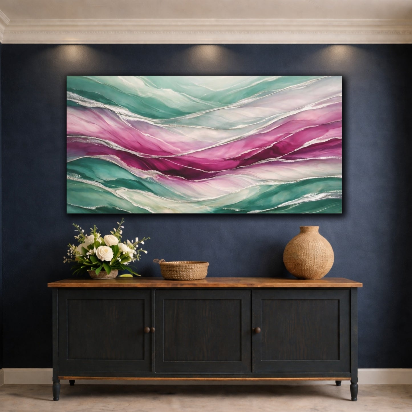Mockup 4. Abstract Fluid Abstract Teal Pink Silver shown as stretched canvas wall art