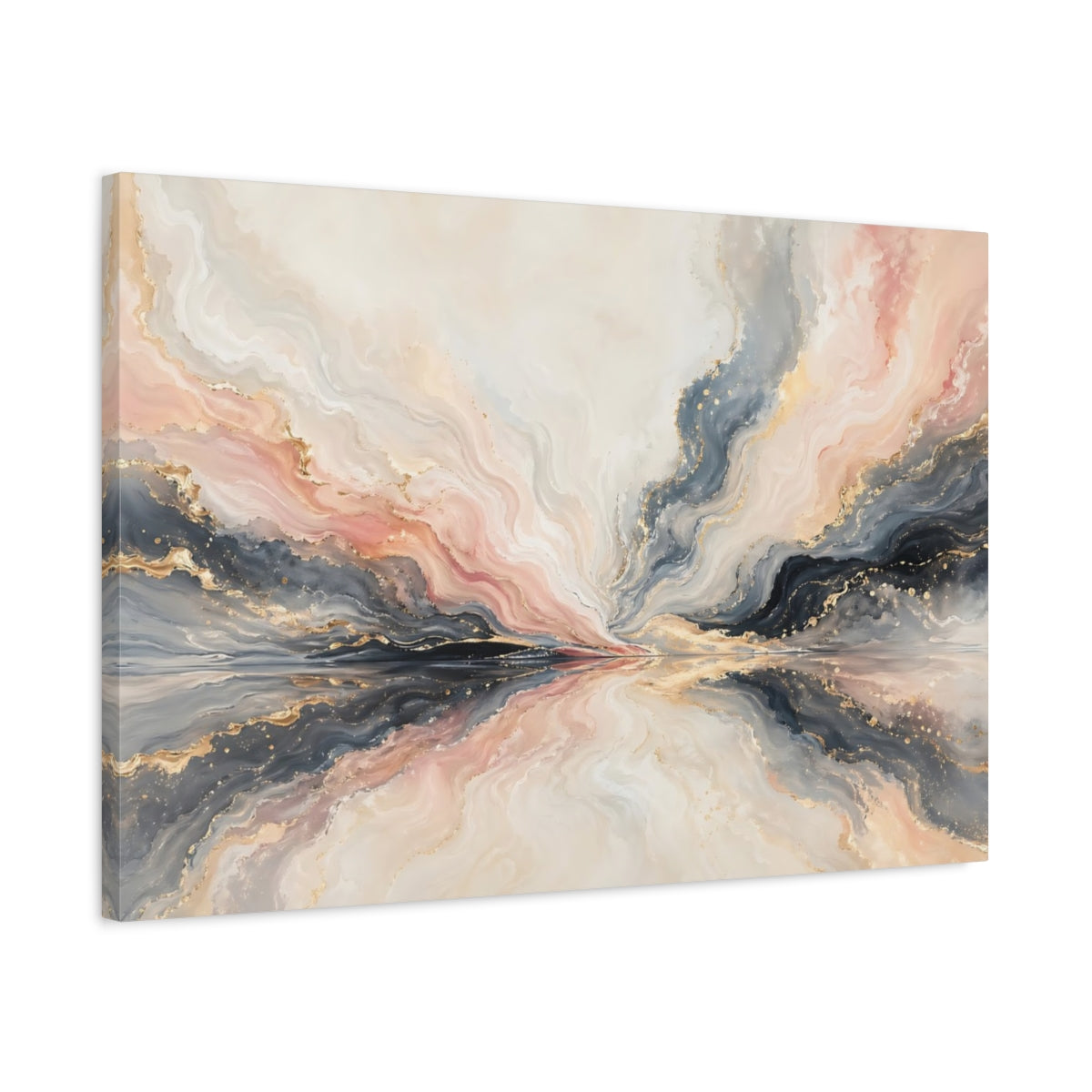 Side Mockup 2. Abstract Fluid Abstraction Pink, Grey, Gold shown as stretched canvas wall art