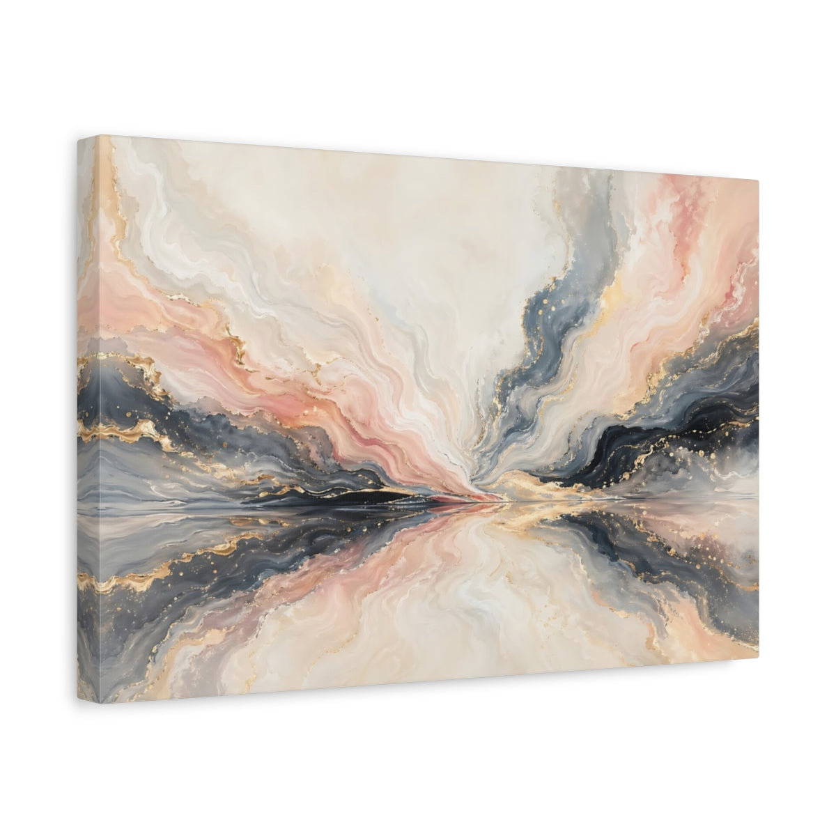 Side Mockup 4. Abstract Fluid Abstraction Pink, Grey, Gold shown as stretched canvas wall art