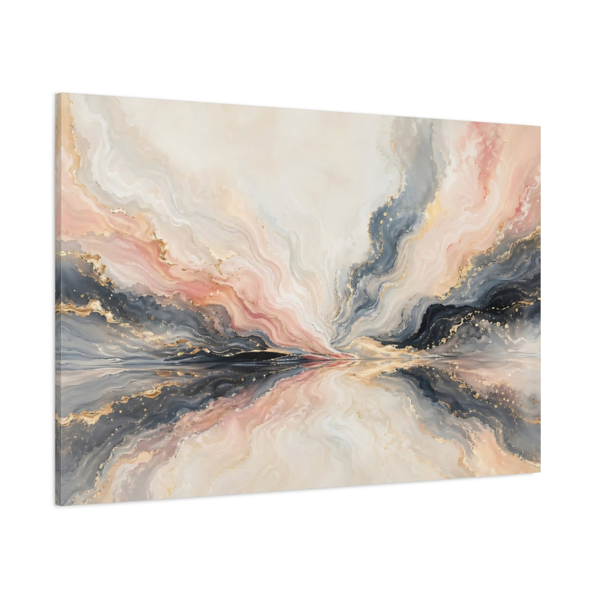 Side Mockup 1. Abstract Fluid Abstraction Pink, Grey, Gold shown as stretched canvas wall art
