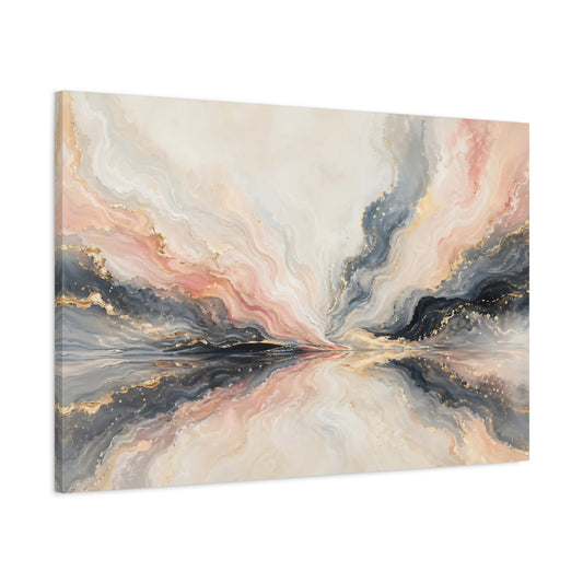Main Mockup. Abstract Fluid Abstraction Pink, Grey, Gold shown as stretched canvas wall art
