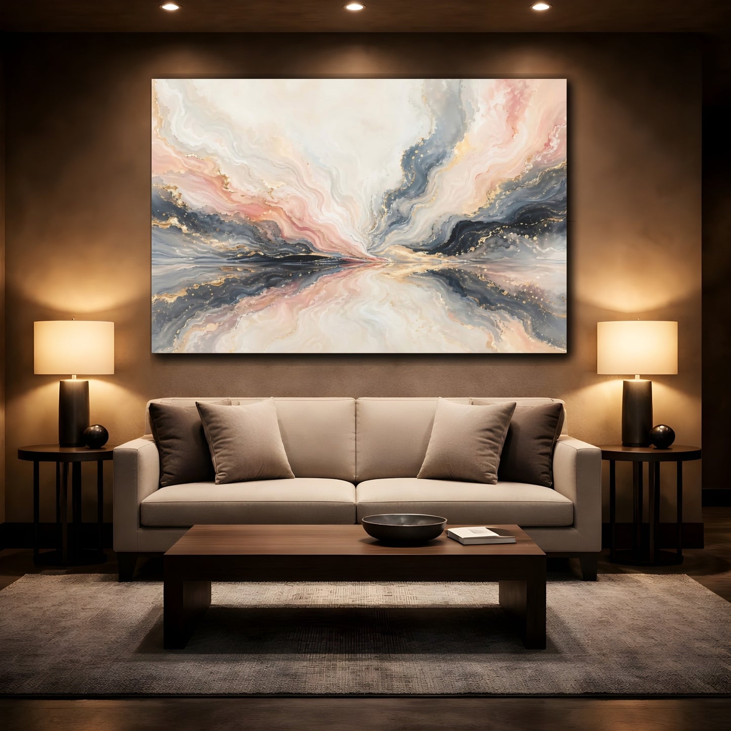 Mockup 2. Abstract Fluid Abstraction Pink, Grey, Gold shown as stretched canvas wall art