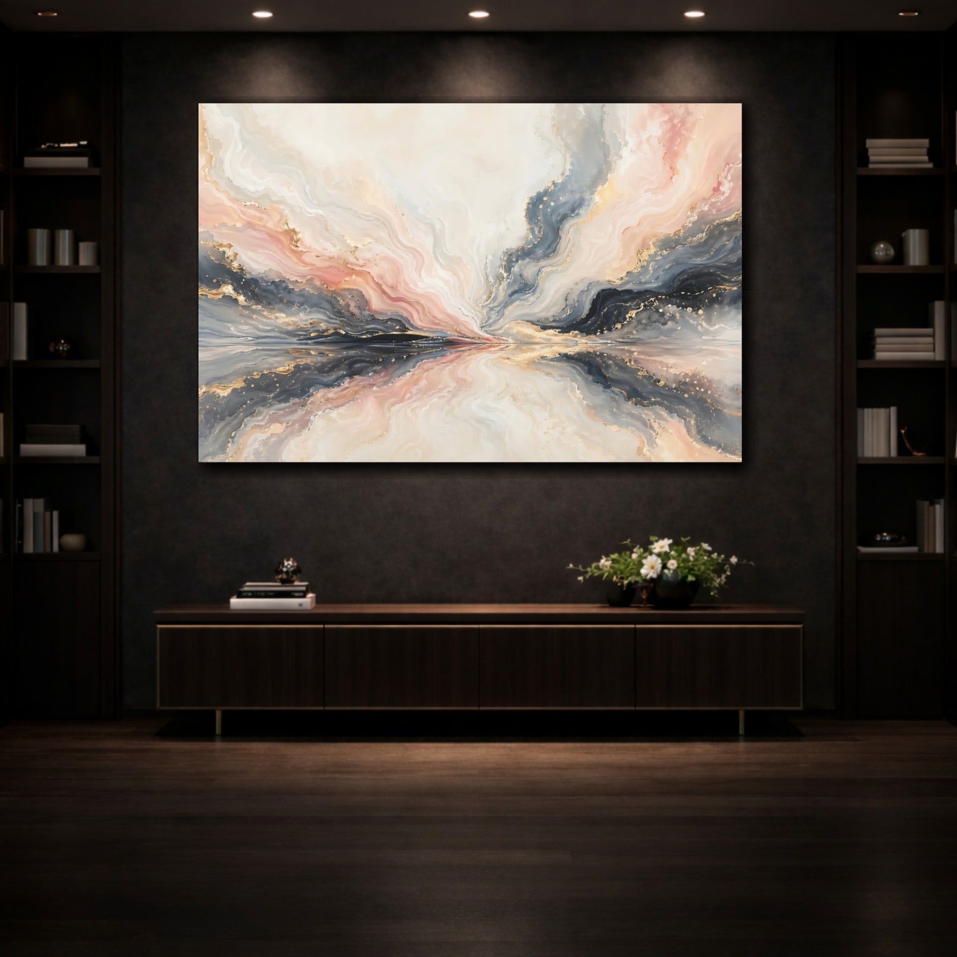 Mockup 3. Abstract Fluid Abstraction Pink, Grey, Gold shown as stretched canvas wall art