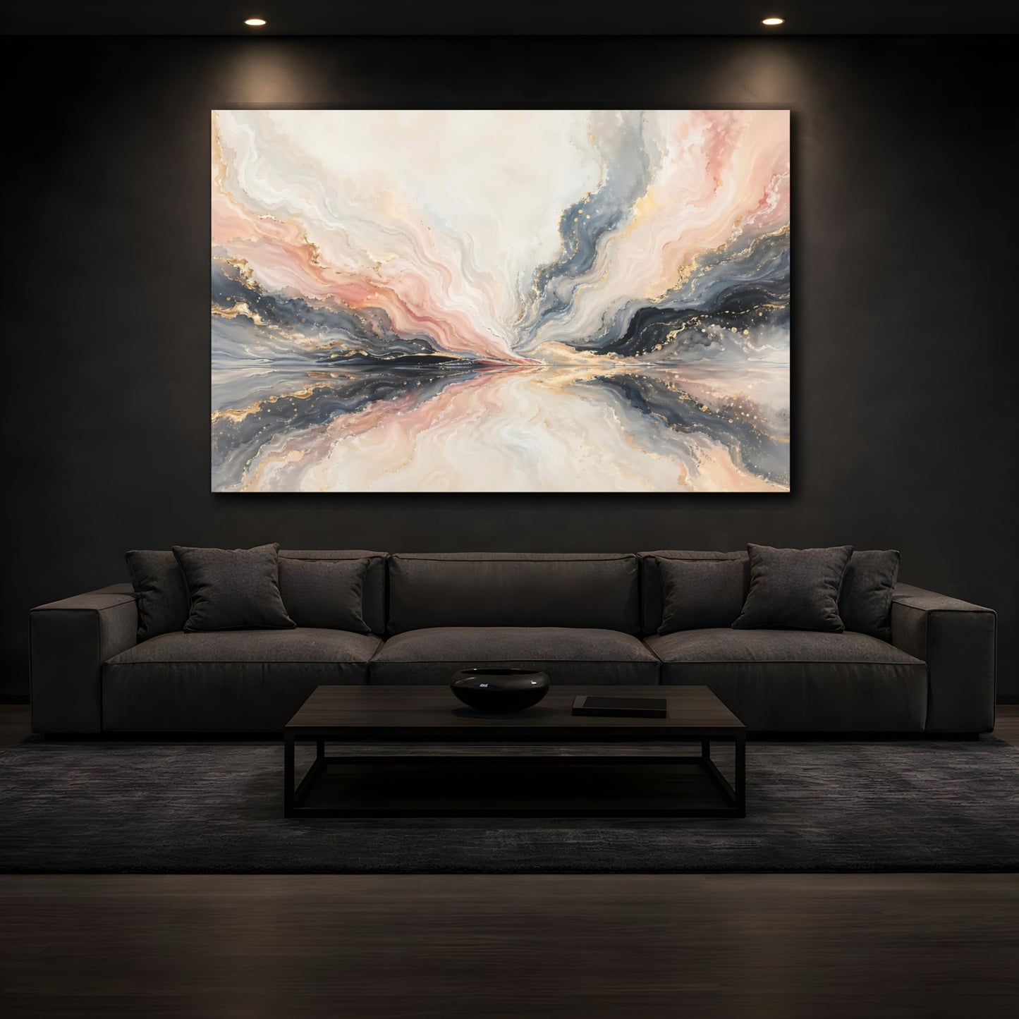Mockup 4. Abstract Fluid Abstraction Pink, Grey, Gold shown as stretched canvas wall art