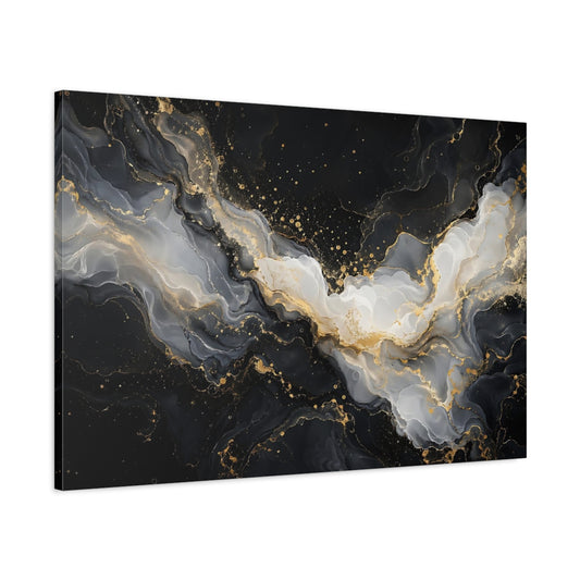 Main Mockup. Abstract Fluid Art Black And Gold shown as stretched canvas wall art