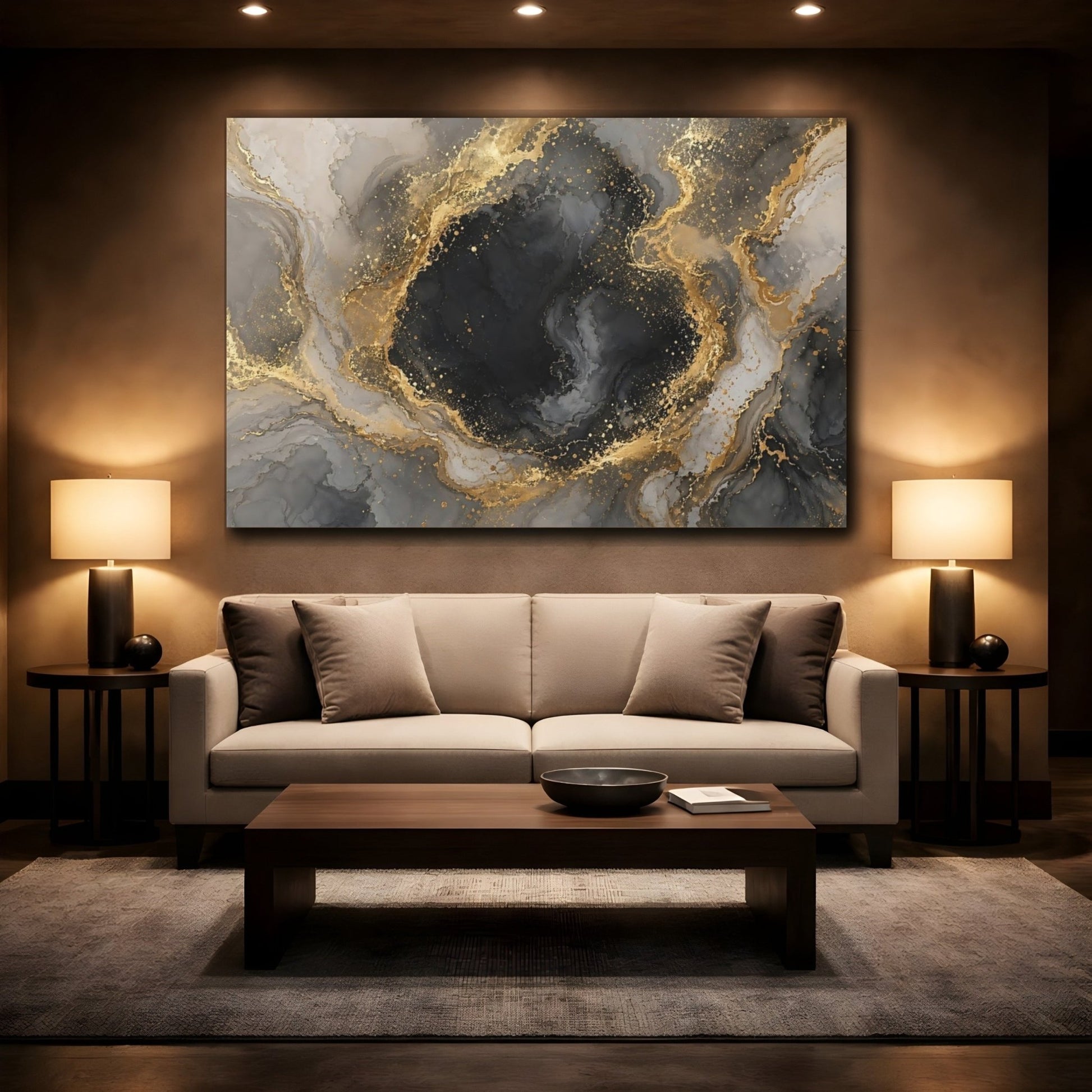 Abstract Fluid Art Black And Gold Canvas Print – Living Room, Large Wall, - YesArtYes