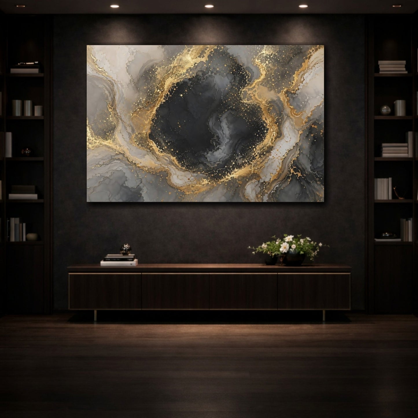 Abstract Fluid Art Black And Gold Canvas Print – Living Room, Large Wall, - YesArtYes