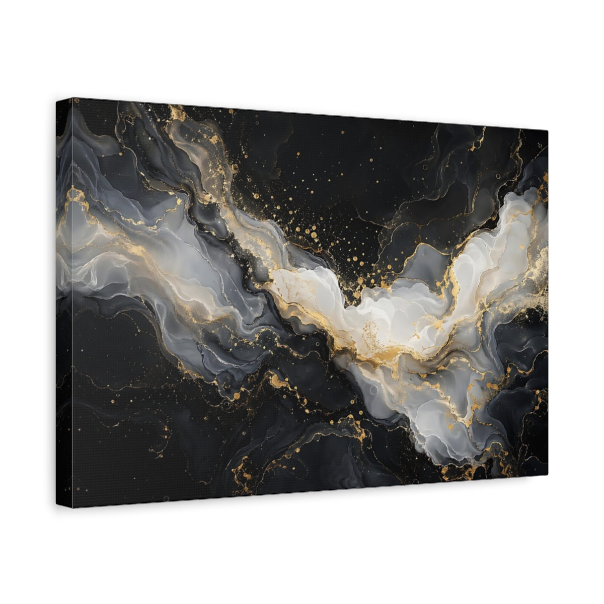 Side Mockup 4. Abstract Fluid Art Black And Gold shown as stretched canvas wall art