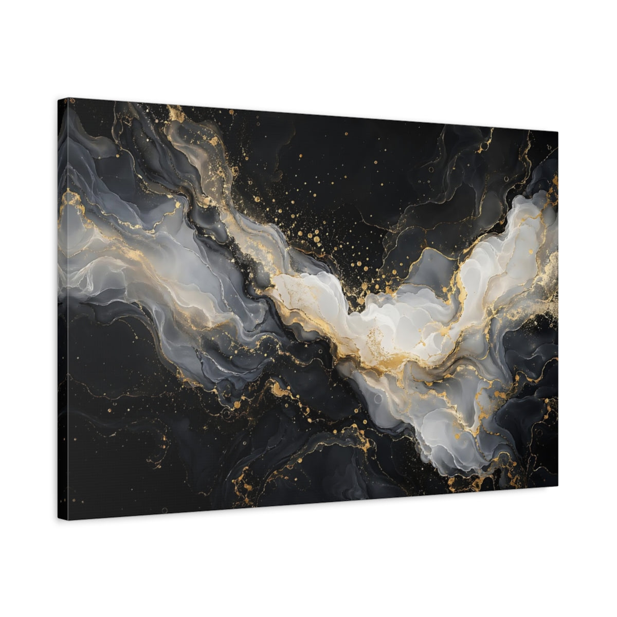 Side Mockup 2. Abstract Fluid Art Black And Gold shown as stretched canvas wall art