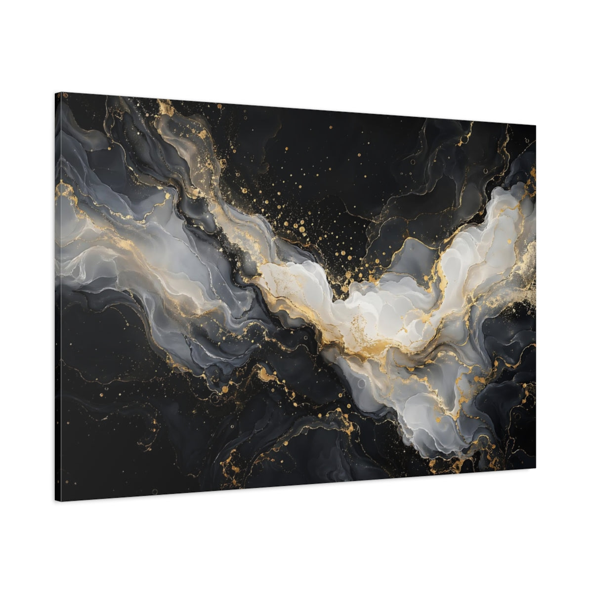 Side Mockup 1. Abstract Fluid Art Black And Gold shown as stretched canvas wall art