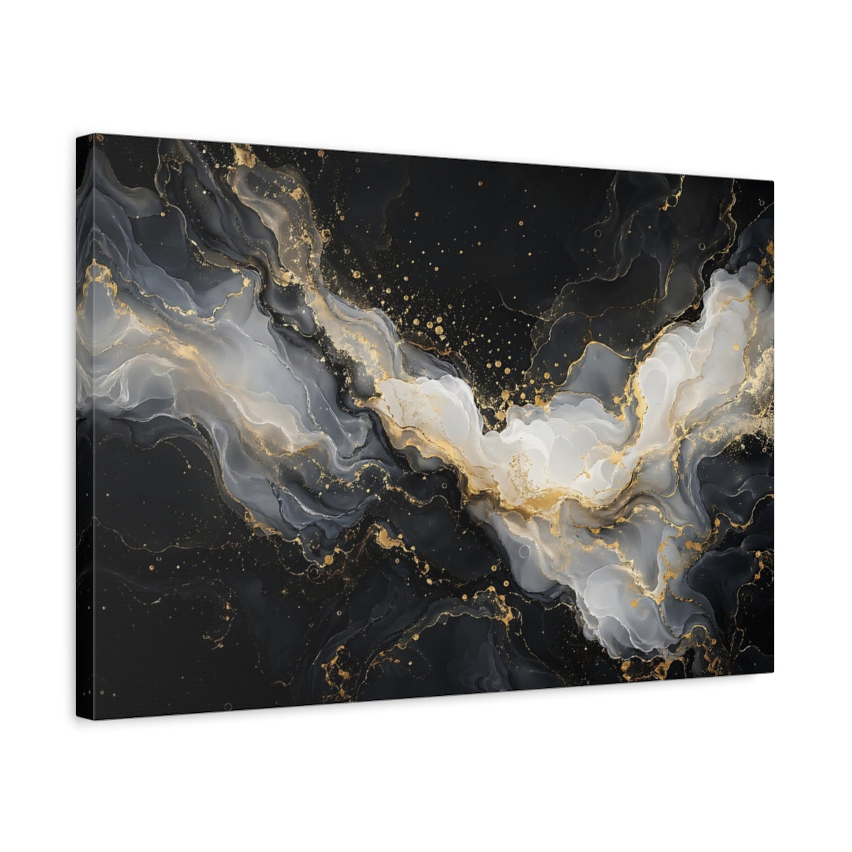 Side Mockup 3. Abstract Fluid Art Black And Gold shown as stretched canvas wall art