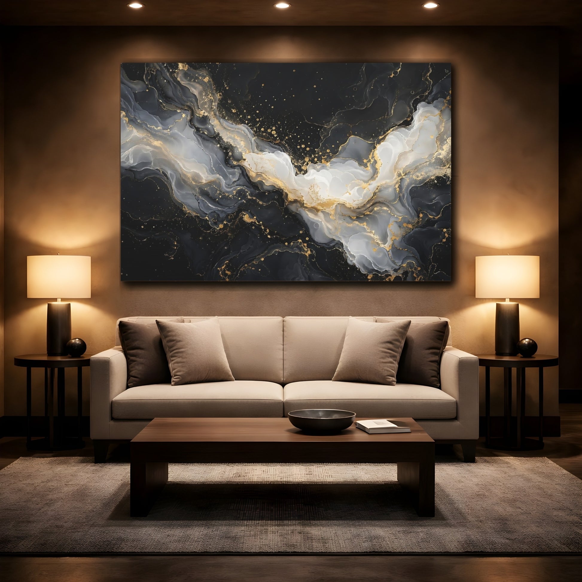 Mockup 2. Abstract Fluid Art Black And Gold shown as stretched canvas wall art